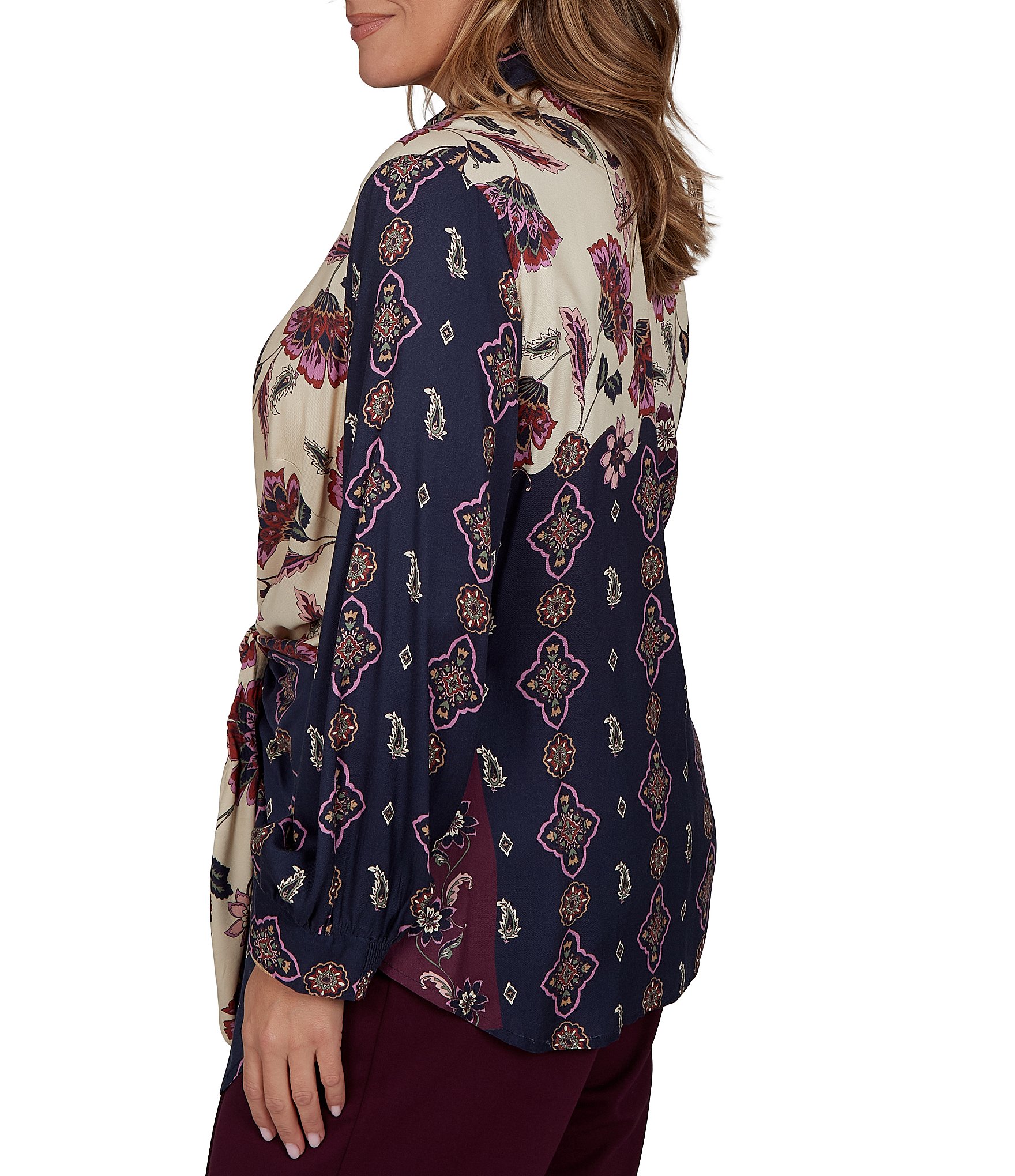 Ruby Rd. Plus Size Stretch Twill Garden Floral Point Collar Long Sleeve Button Front Shirt