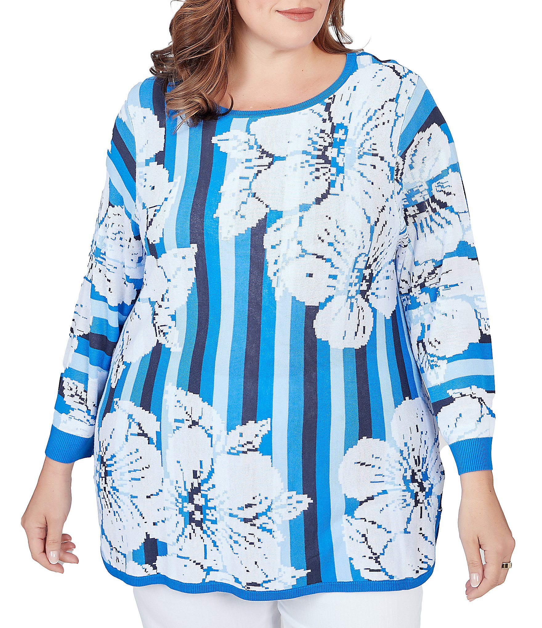 Ruby Rd. Plus Size Stripe Floral Placement Print Scoop Neck 3/4 Sleeve ...