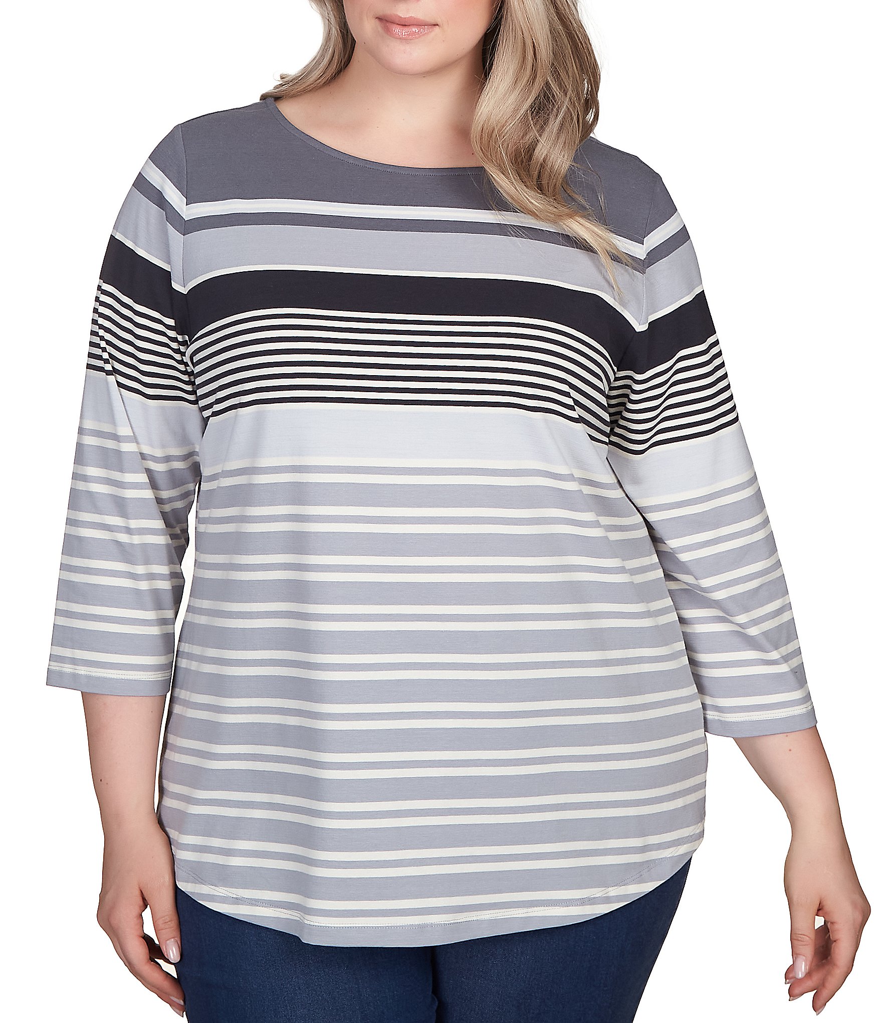 Ruby Rd. Plus Size Stripe Print Lightweight Soft Knit Jersey Crew Neck 3/4  Sleeve Shirt | Dillard's