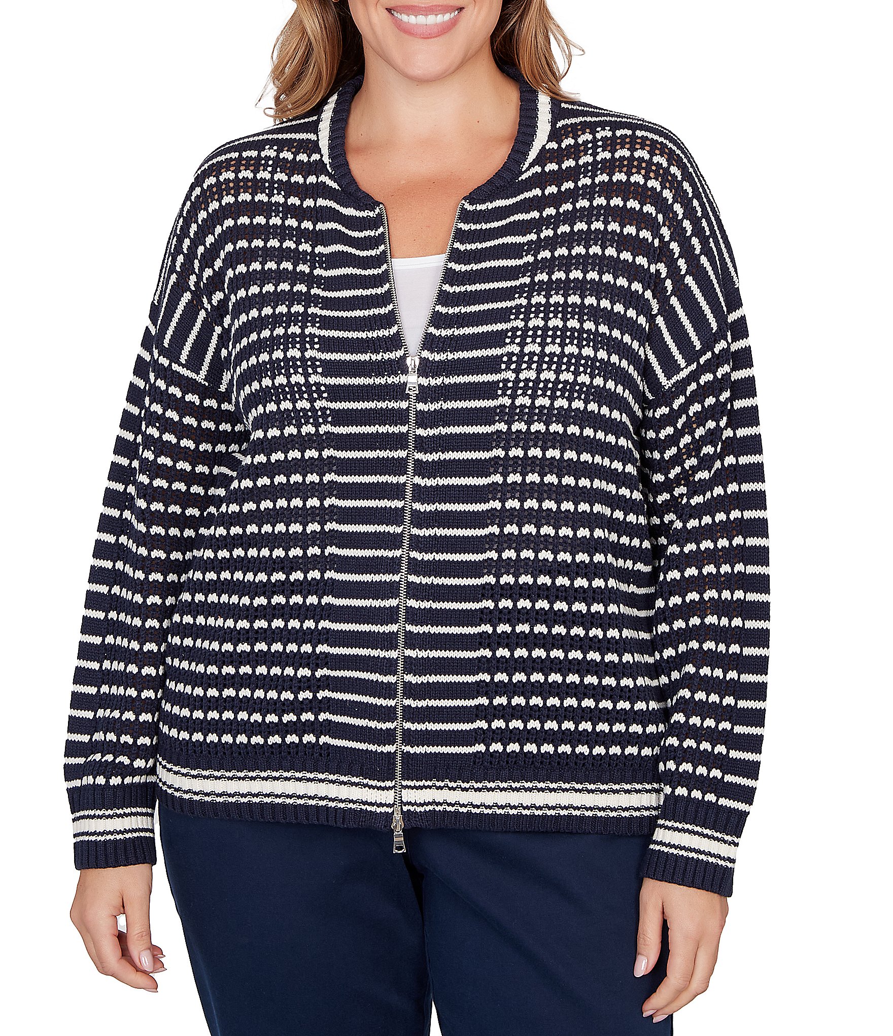 Ruby Rd. Plus Size Striped Ribbed Long Sleeve Mesh Zip-Up Sweater
