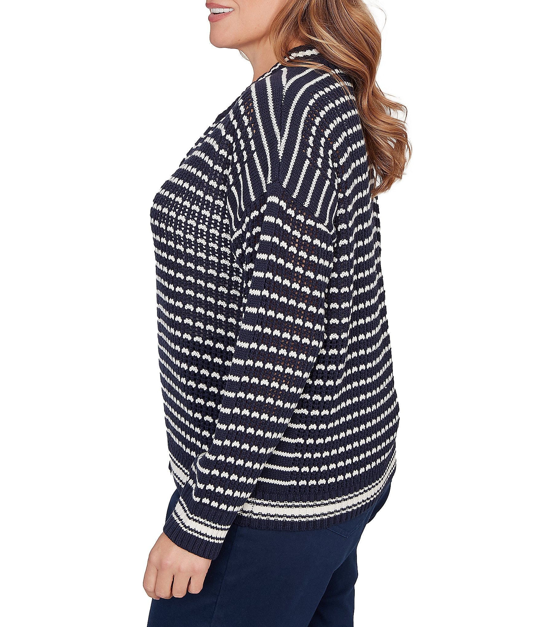 Ruby Rd. Plus Size Striped Ribbed Long Sleeve Mesh Zip-Up Sweater