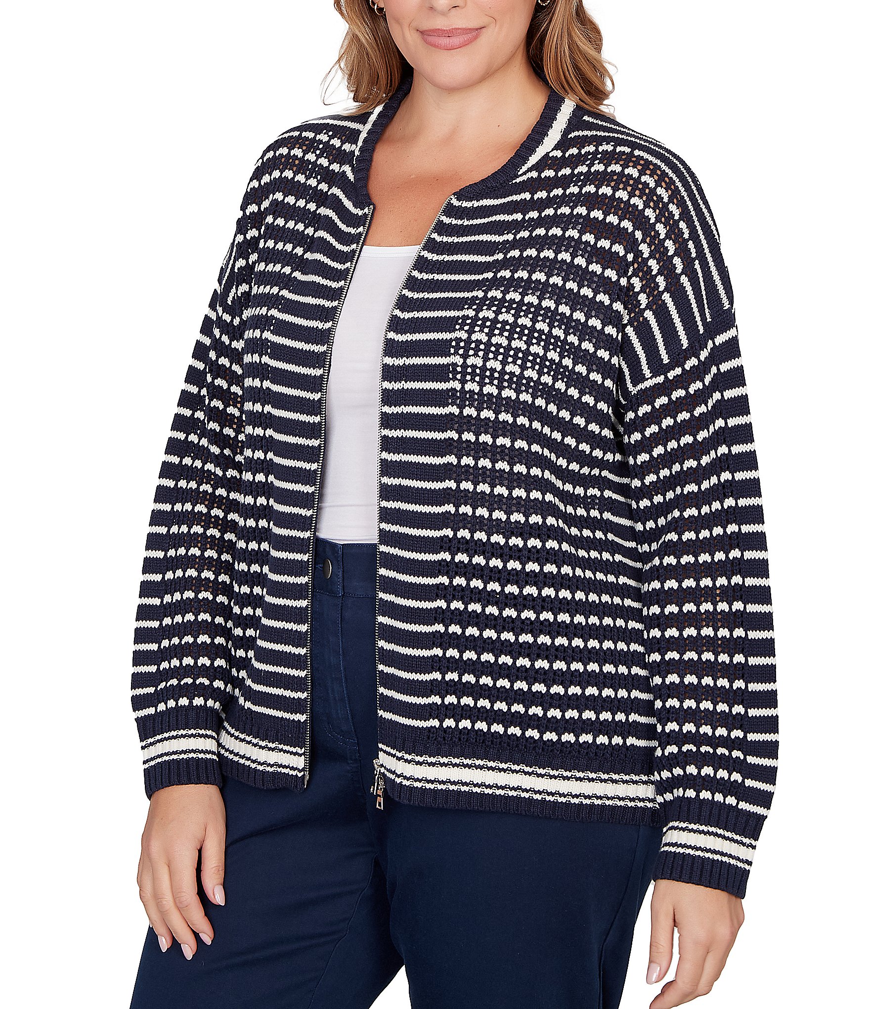 Ruby Rd. Plus Size Striped Ribbed Long Sleeve Mesh Zip-Up Sweater