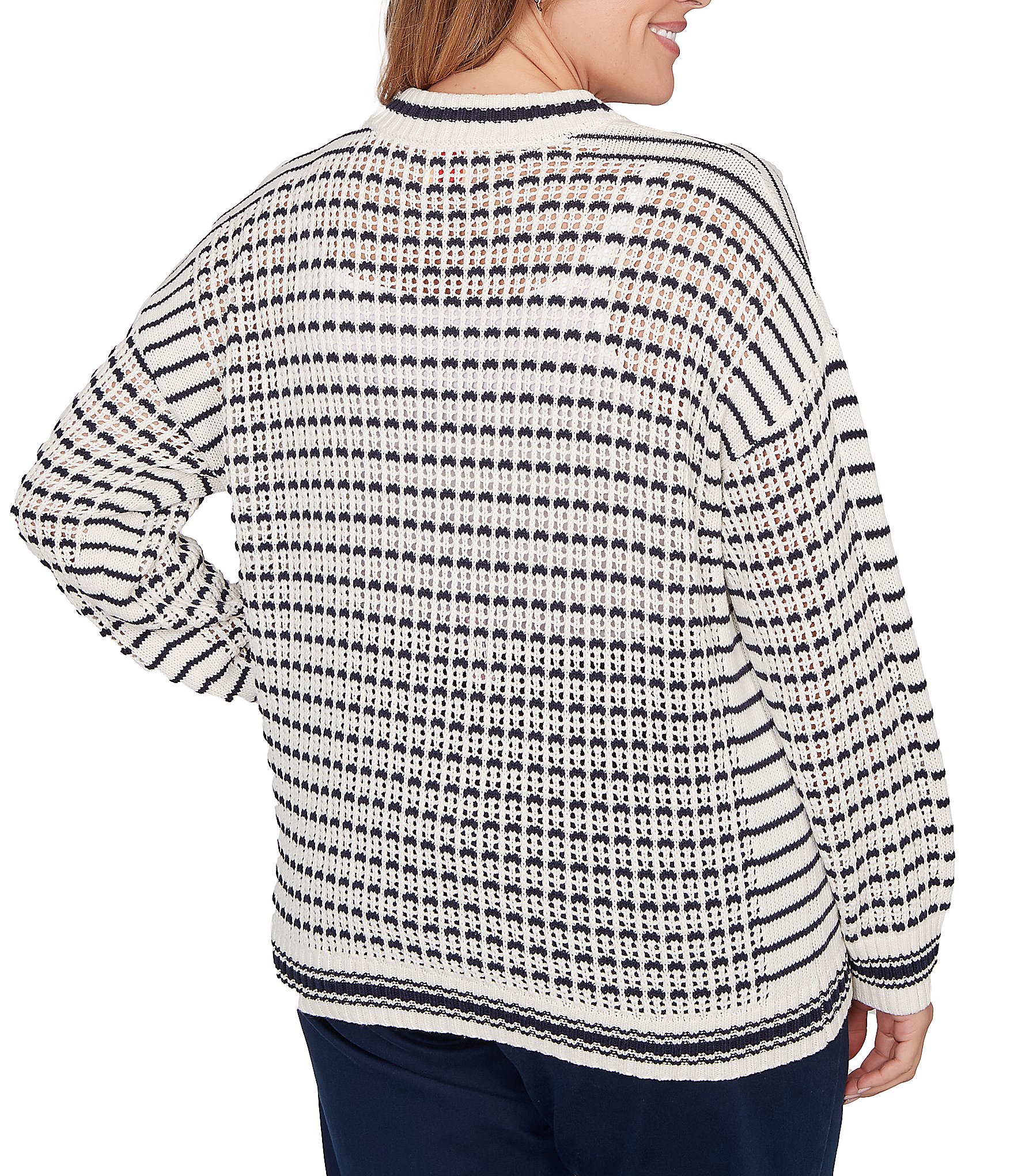 Ruby Rd. Plus Size Striped Ribbed Long Sleeve Mesh Zip-Up Sweater