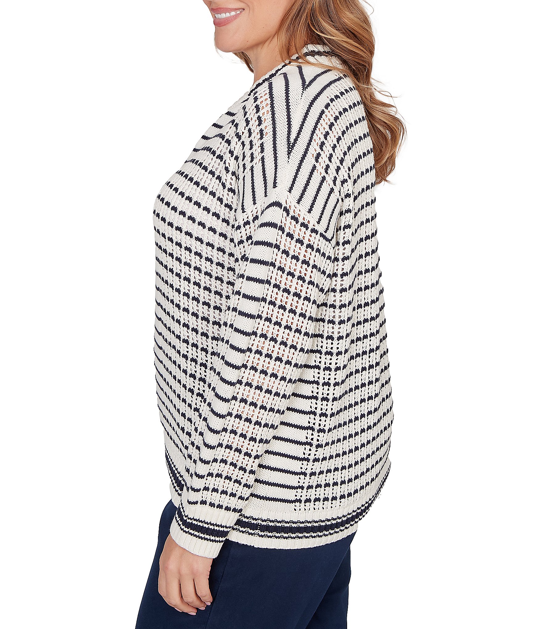 Ruby Rd. Plus Size Striped Ribbed Long Sleeve Mesh Zip-Up Sweater