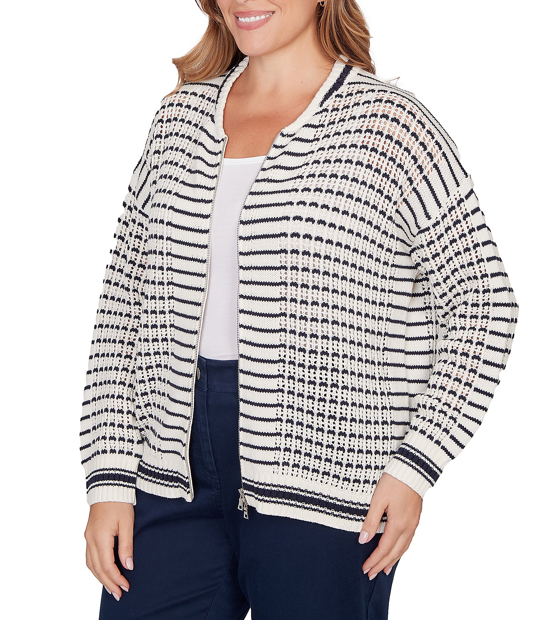 Ruby Rd. Plus Size Striped Ribbed Long Sleeve Mesh Zip-Up Sweater