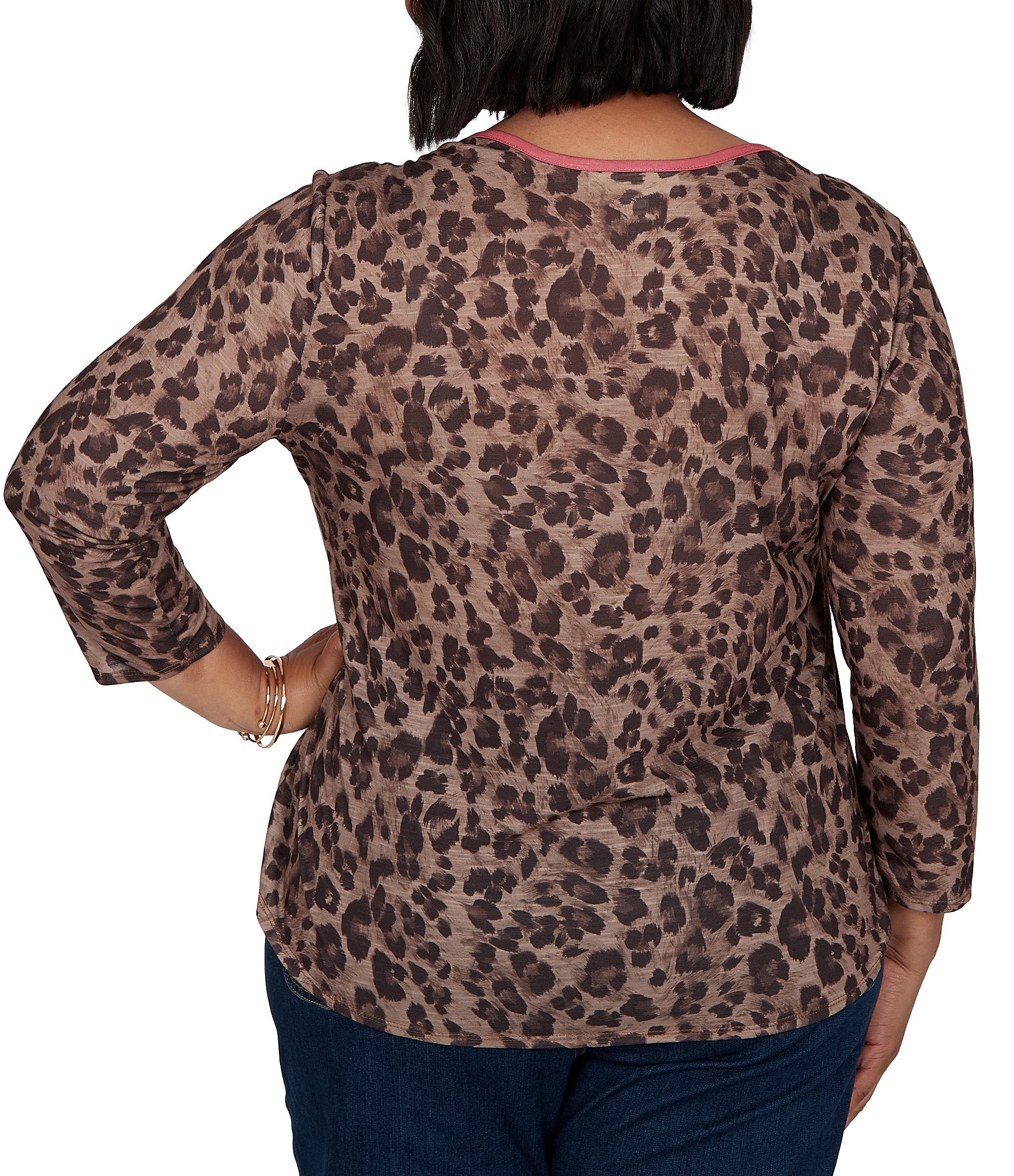 Ruby Rd. Plus Size Sublimation Knit Cheetah Scoop Neck 3/4 Sleeve Solid Trim Pullover