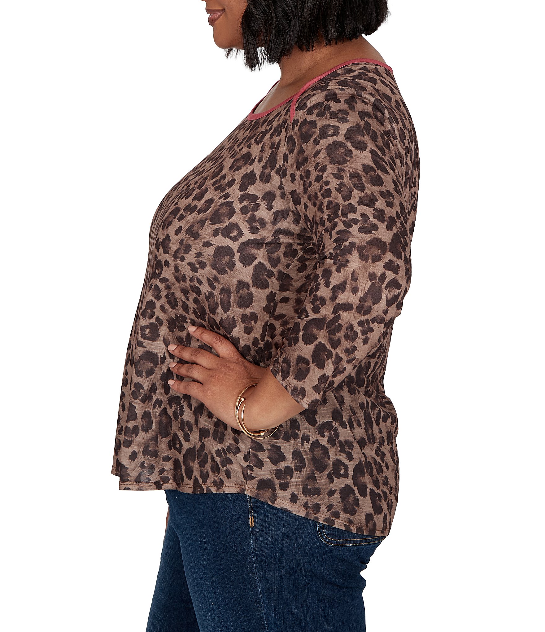 Ruby Rd. Plus Size Sublimation Knit Cheetah Scoop Neck 3/4 Sleeve Solid Trim Pullover