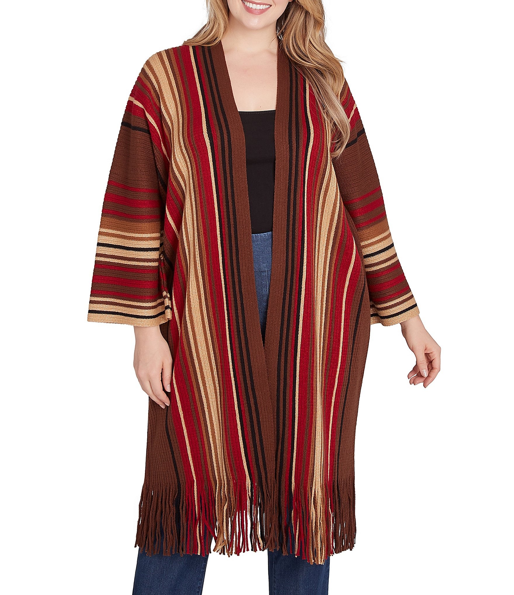 Ruby Rd. Plus Size Sweater Knit Multi-Stripe Print Bracelet Sleeve Open-Front Fringed Hem Cardigan