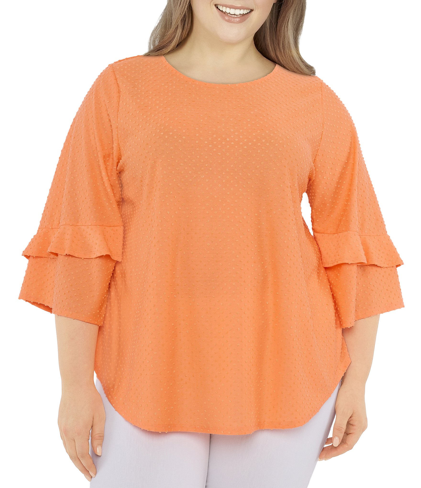 Ruby Rd. Plus Size Swiss Dot Knit Crew Neck 3/4 Tiered Flounce Sleeve