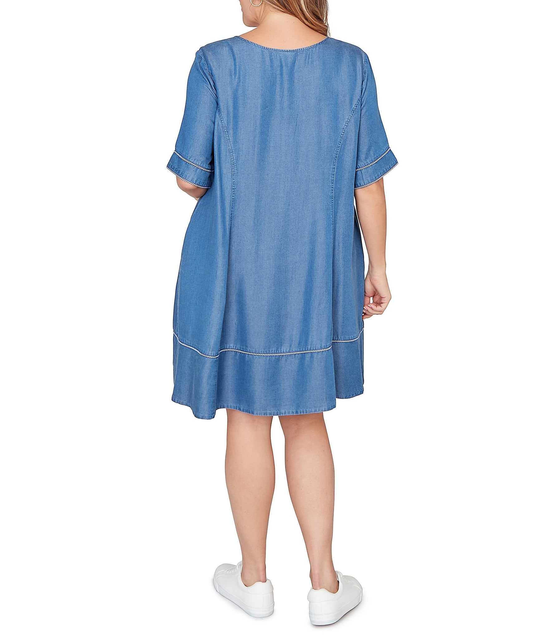 Ruby Rd. Plus Size Tencel™ Split Neck Short Sleeve Lace-Up Shift Dress