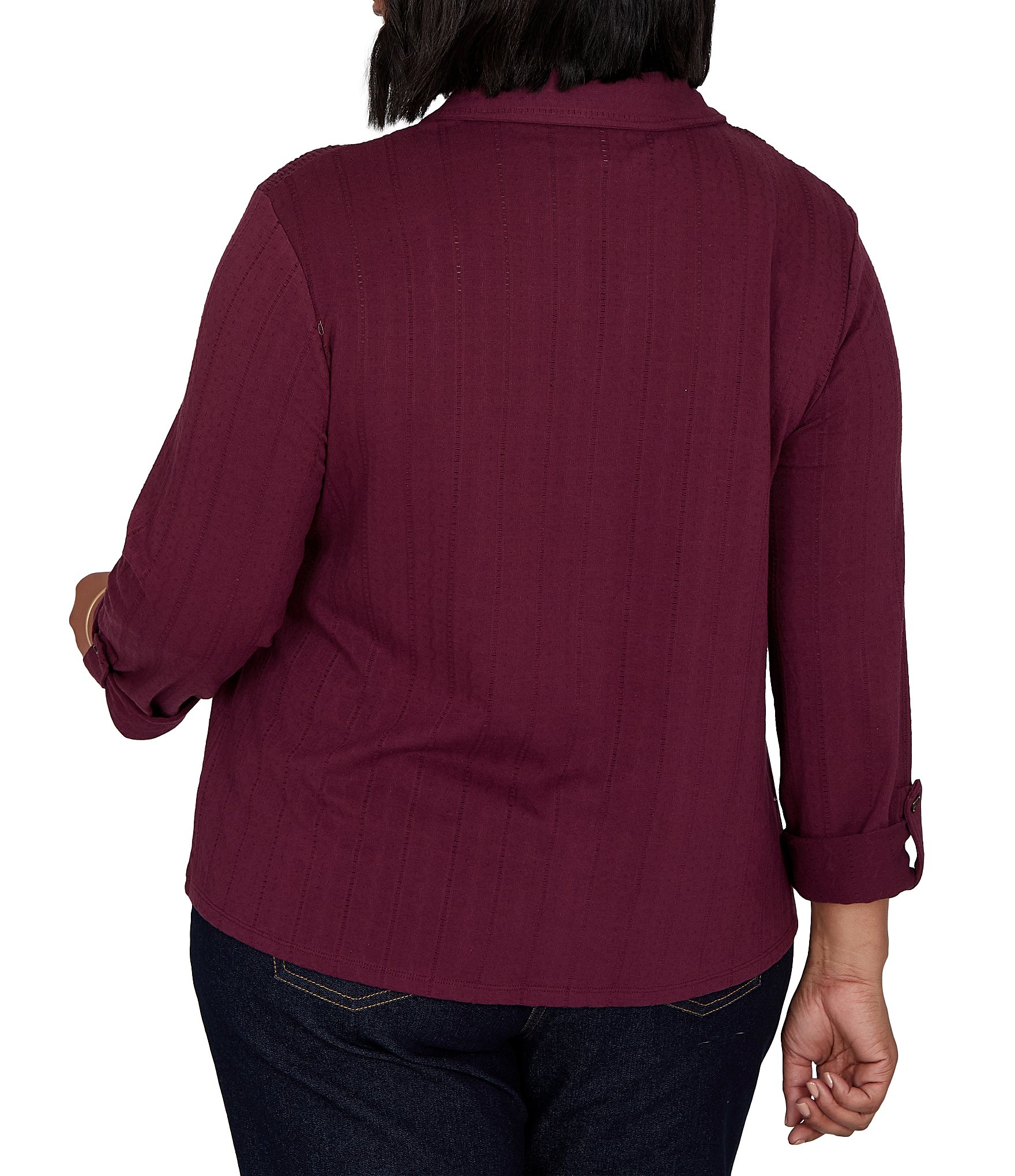 Ruby Rd. Plus Size Textured Dobby Vertical Stripe Point Collar Long Roll-Tab Sleeve Button-Front Shirt
