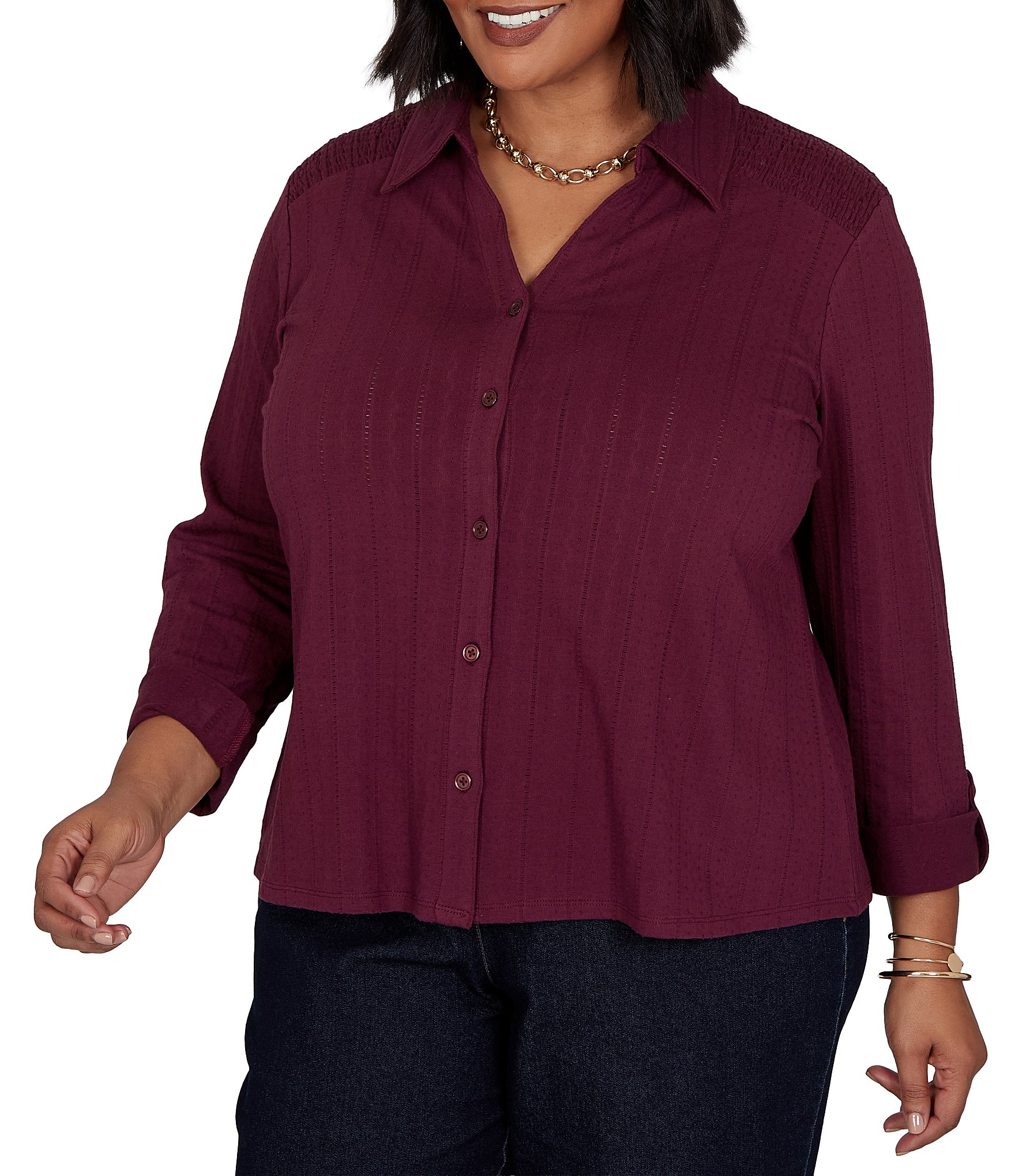 Ruby Rd. Plus Size Textured Dobby Vertical Stripe Point Collar Long Roll-Tab Sleeve Button-Front Shirt