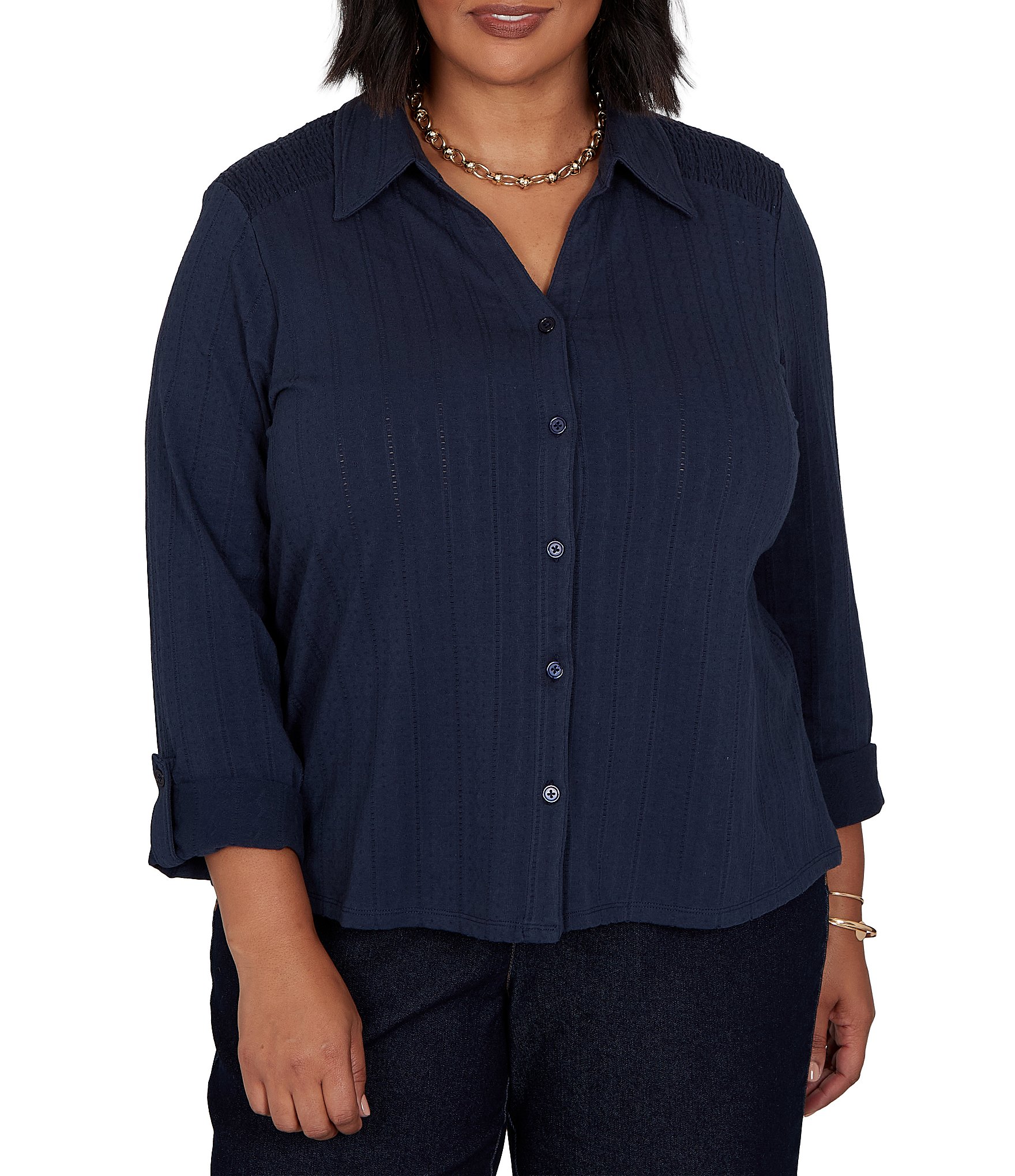Ruby Rd. Plus Size Textured Dobby Vertical Stripe Point Collar Long Roll-Tab Sleeve Button-Front Shirt