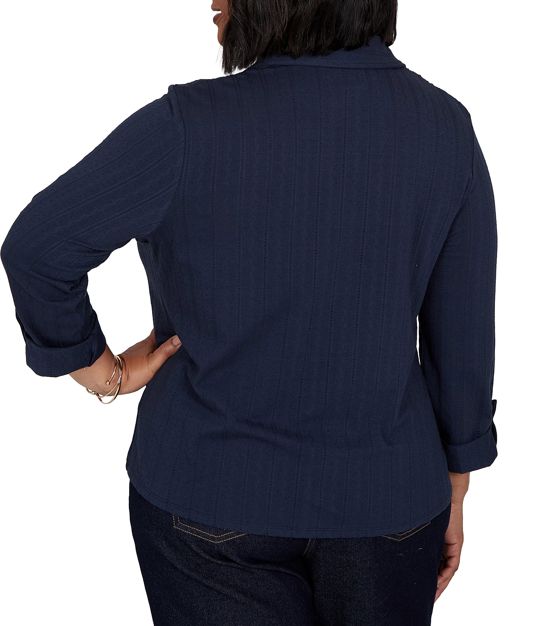 Ruby Rd. Plus Size Textured Dobby Vertical Stripe Point Collar Long Roll-Tab Sleeve Button-Front Shirt