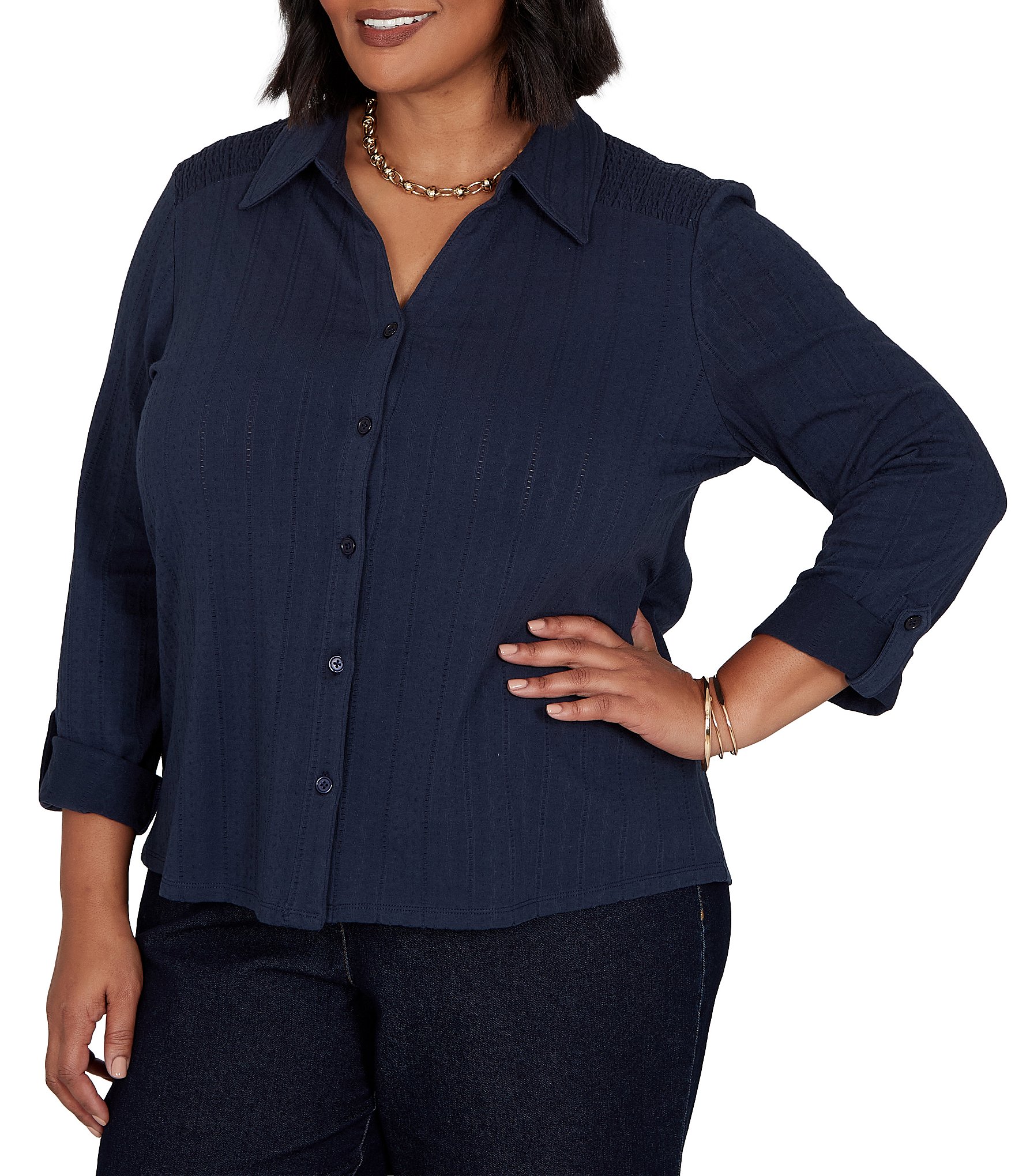 Ruby Rd. Plus Size Textured Dobby Vertical Stripe Point Collar Long Roll-Tab Sleeve Button-Front Shirt