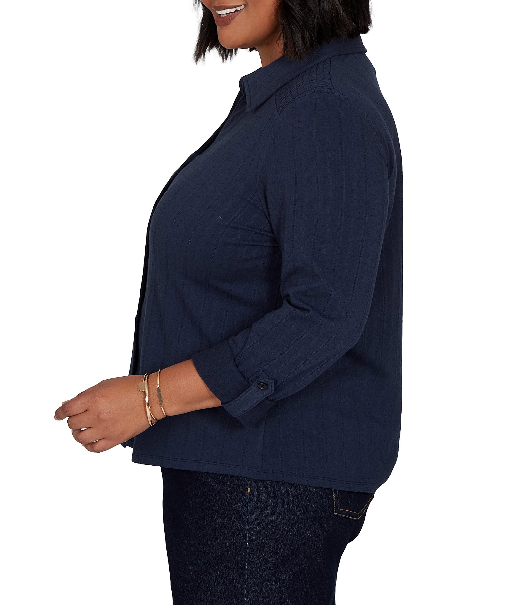 Ruby Rd. Plus Size Textured Dobby Vertical Stripe Point Collar Long Roll-Tab Sleeve Button-Front Shirt