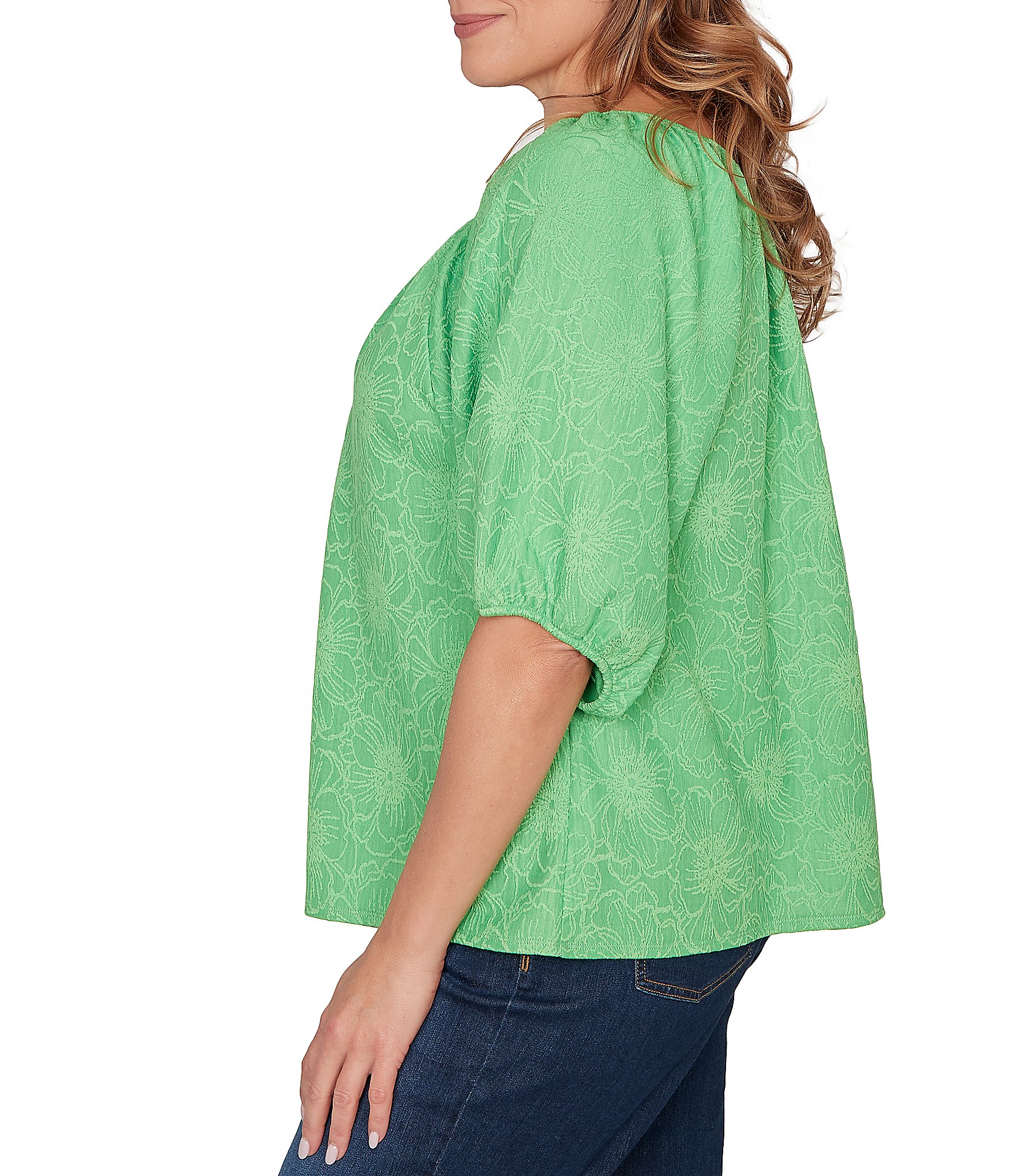 Ruby Rd. Plus Size Textured Jacquard Floral Scoop Neck Elbow Sleeve Top
