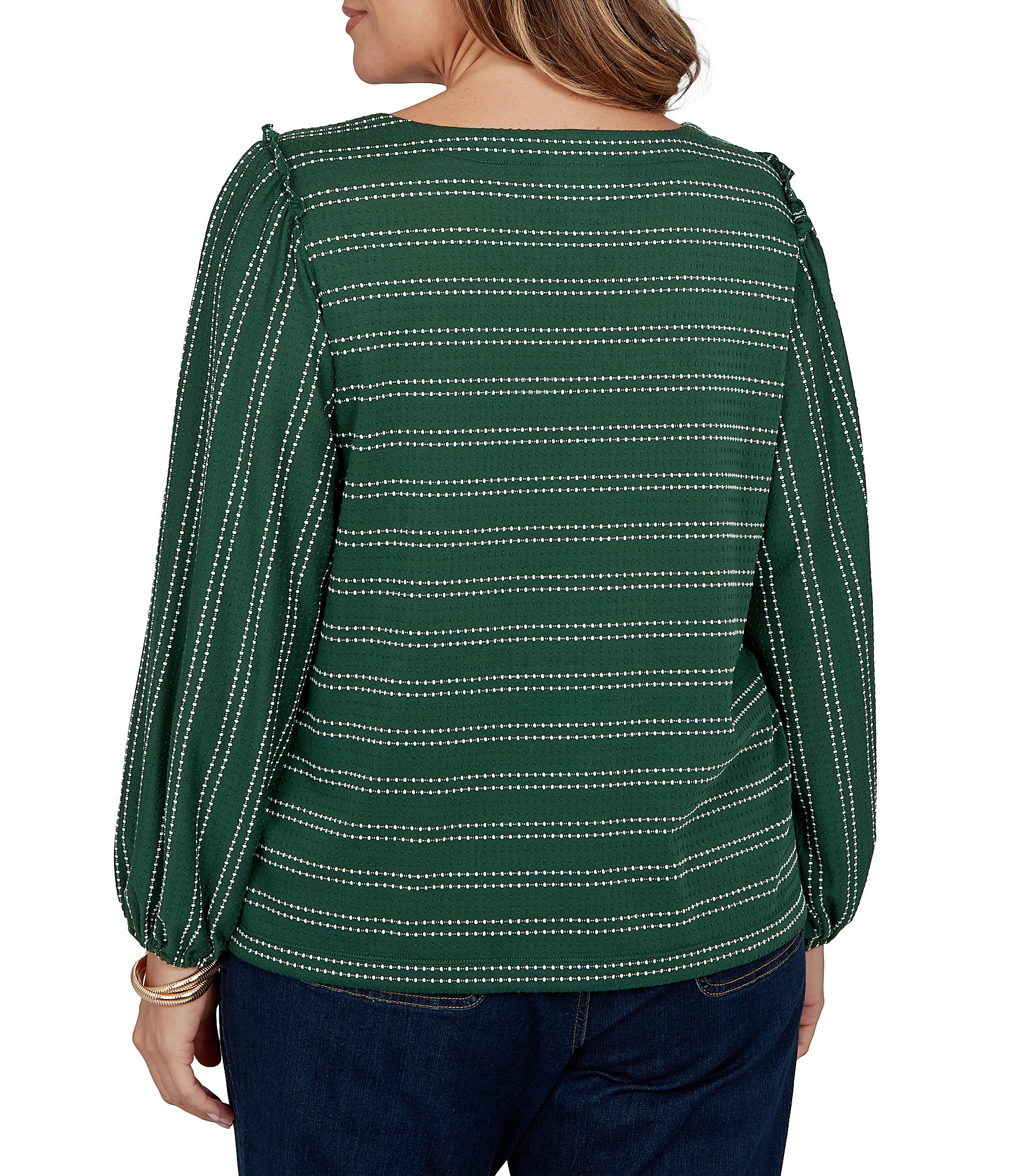 Ruby Rd. Plus Size Textured Knit Dobby Stripe Scoop Neck Bracelet Length Sleeve Top