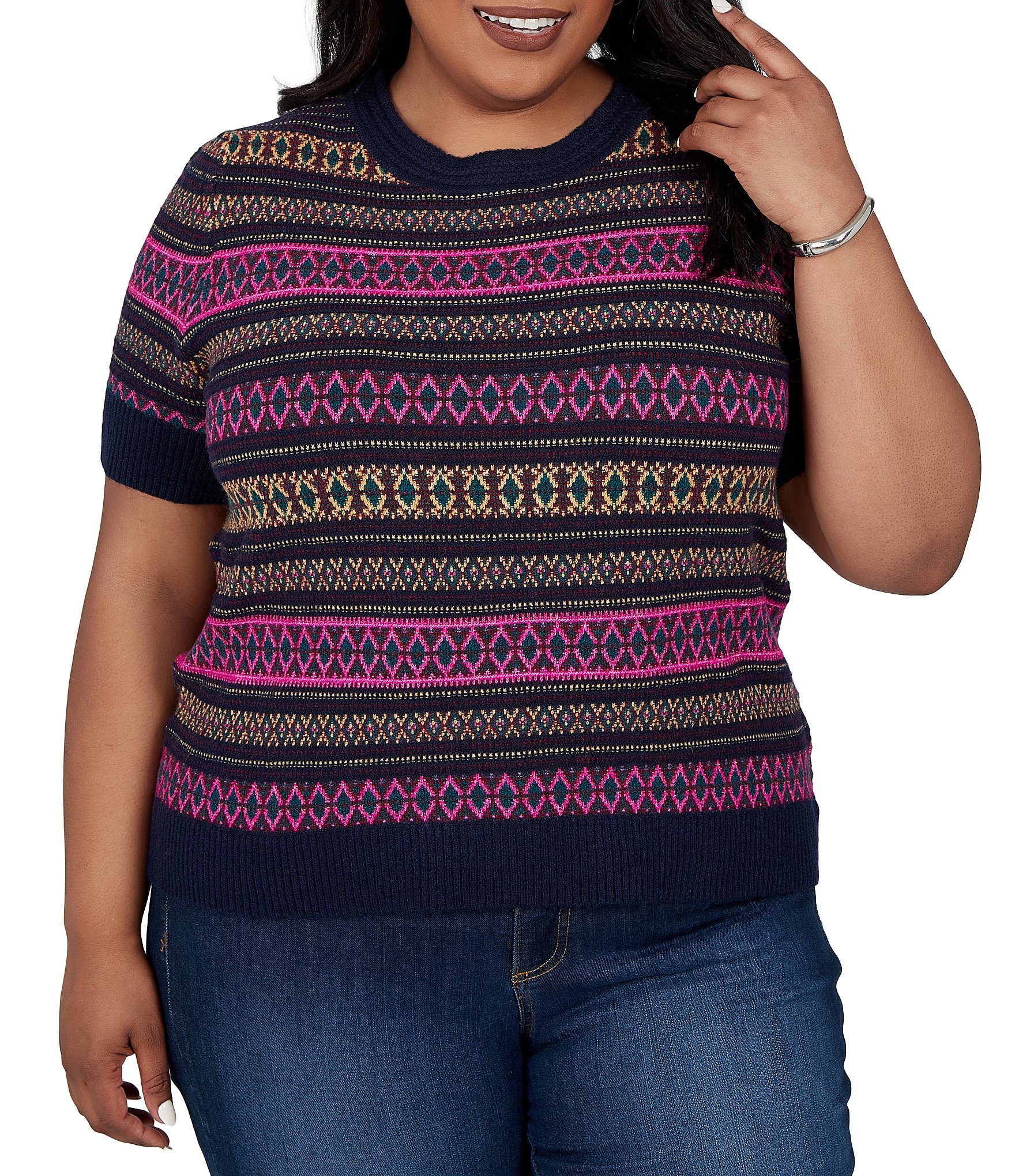 Ruby Rd. Plus Size Textured Knit Fair Isle Boat Neck Short Sleeve Ribbed Sweater