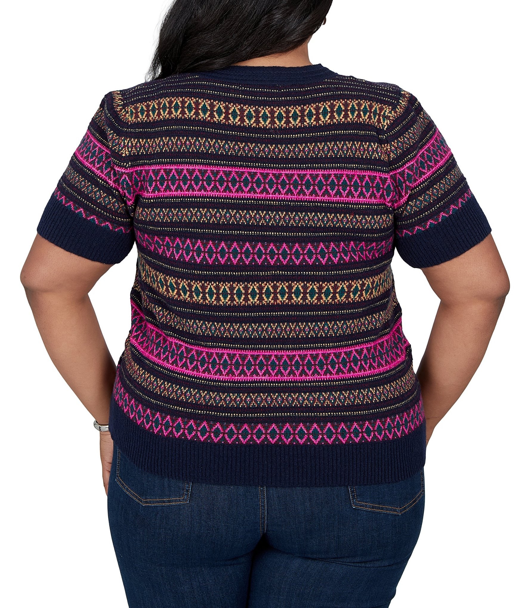 Ruby Rd. Plus Size Textured Knit Fair Isle Boat Neck Short Sleeve Ribbed Sweater