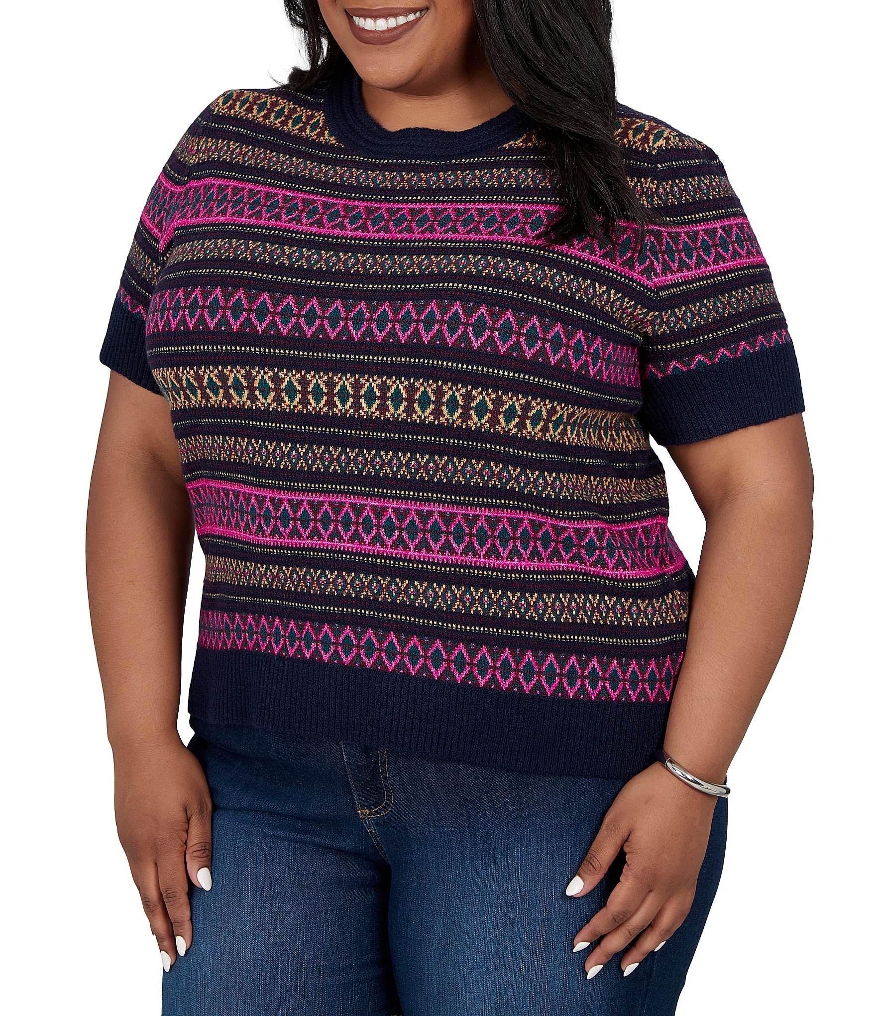 Ruby Rd. Plus Size Textured Knit Fair Isle Boat Neck Short Sleeve Ribbed Sweater