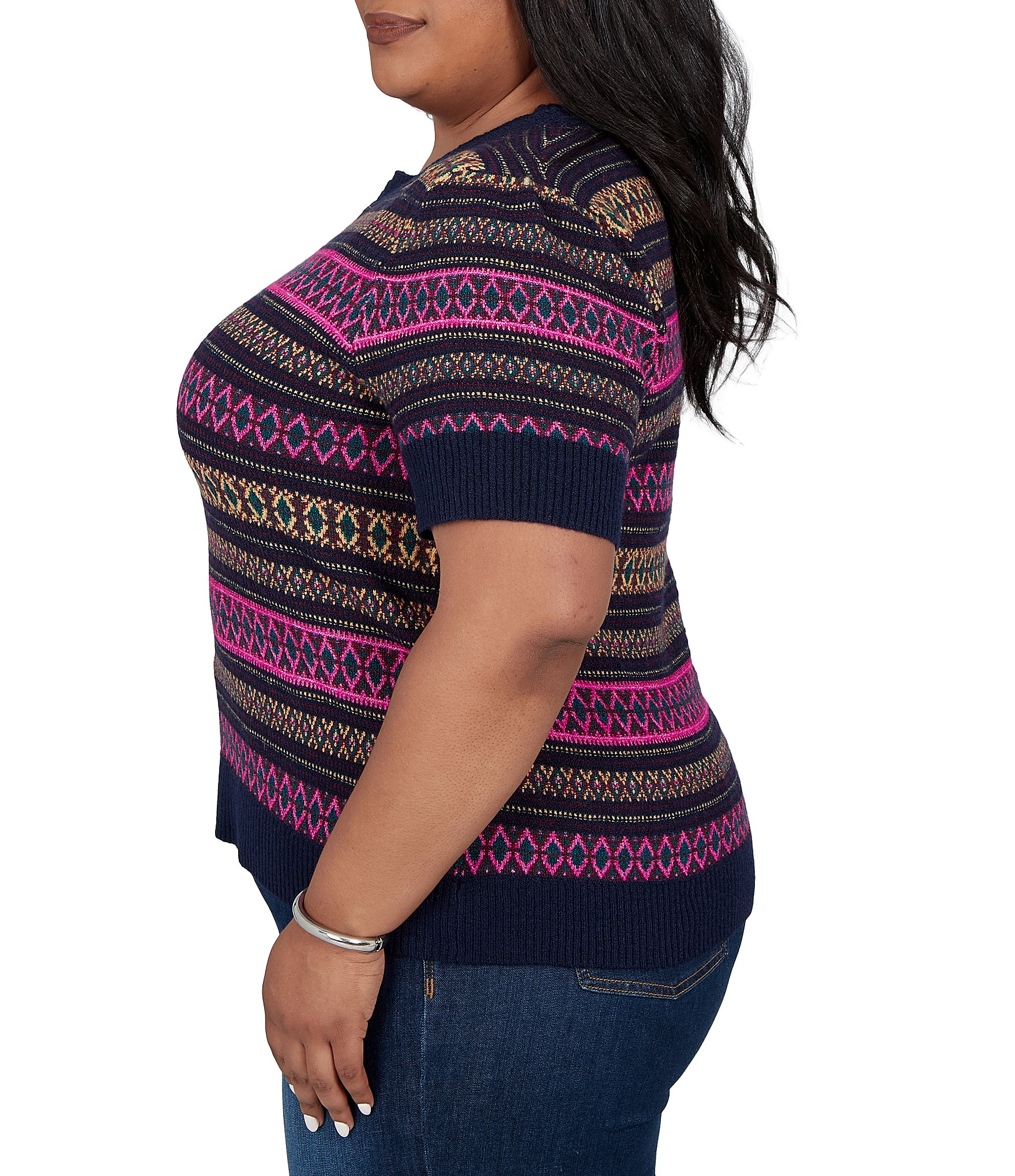 Ruby Rd. Plus Size Textured Knit Fair Isle Boat Neck Short Sleeve Ribbed Sweater