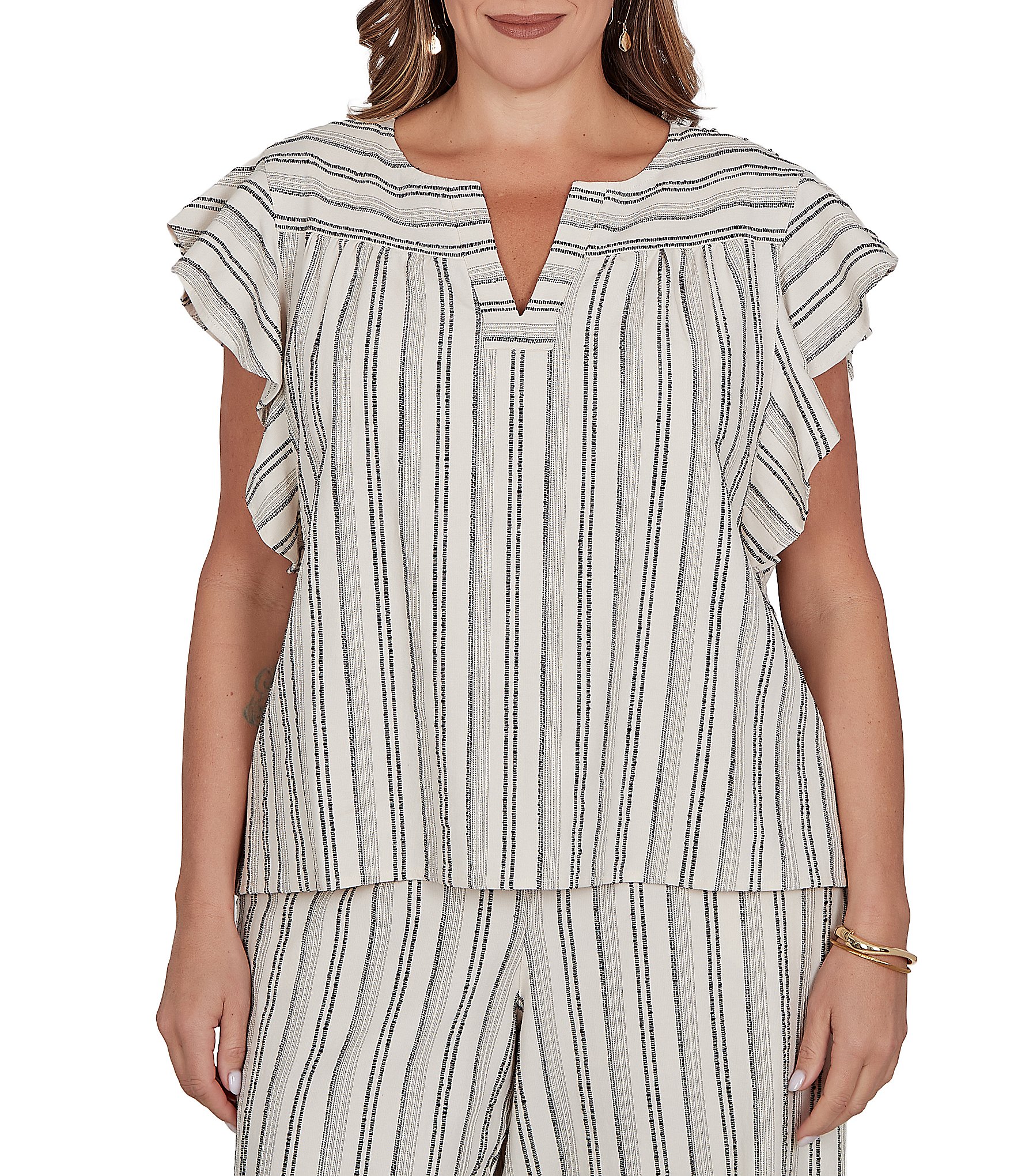 Ruby Rd. Plus Size Textured Stripe Split V-Neck Short Flutter Sleeve Coordinating Top