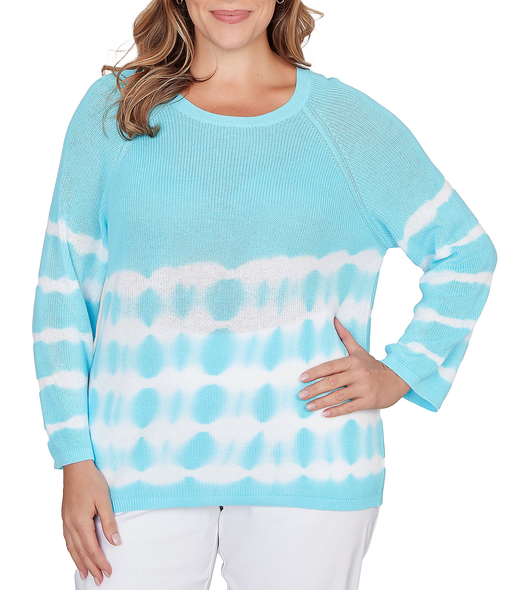 Ruby Rd. Plus Size Tie-Dye Crew Neck Bracelet Sleeve Cotton Rib Sweater Knit Top