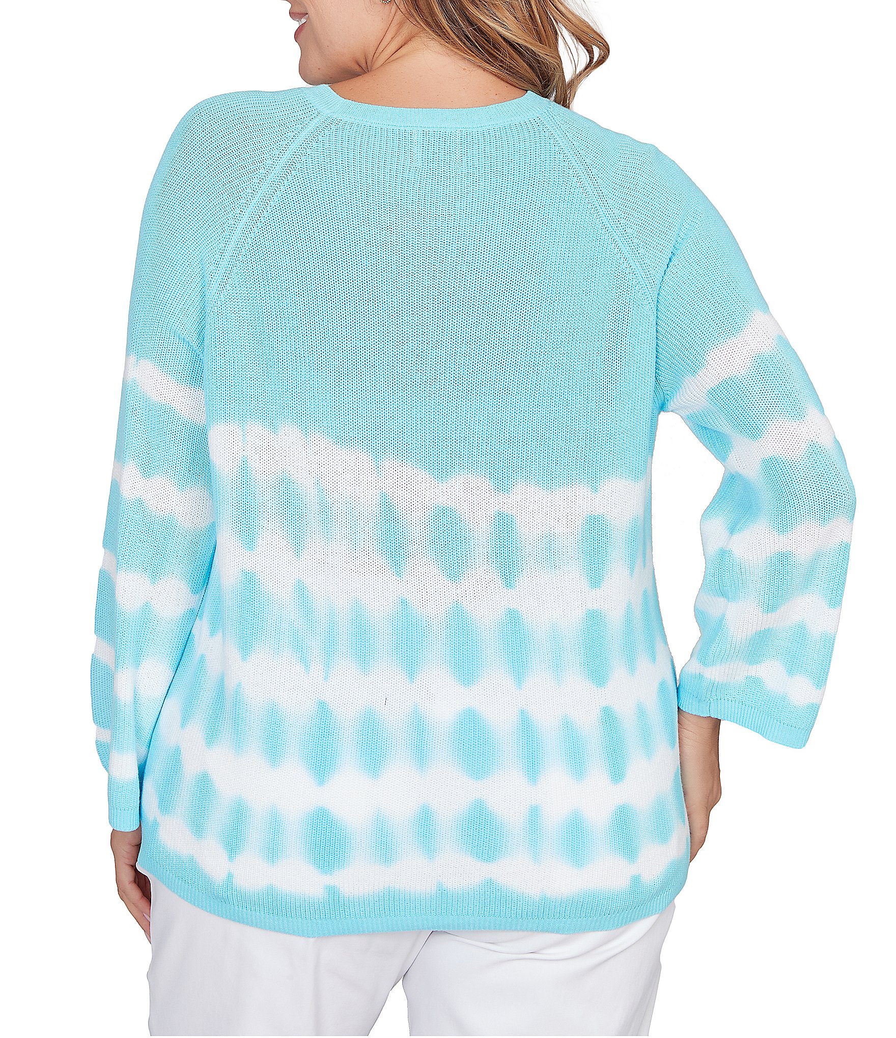 Ruby Rd. Plus Size Tie-Dye Crew Neck Bracelet Sleeve Cotton Rib Sweater Knit Top