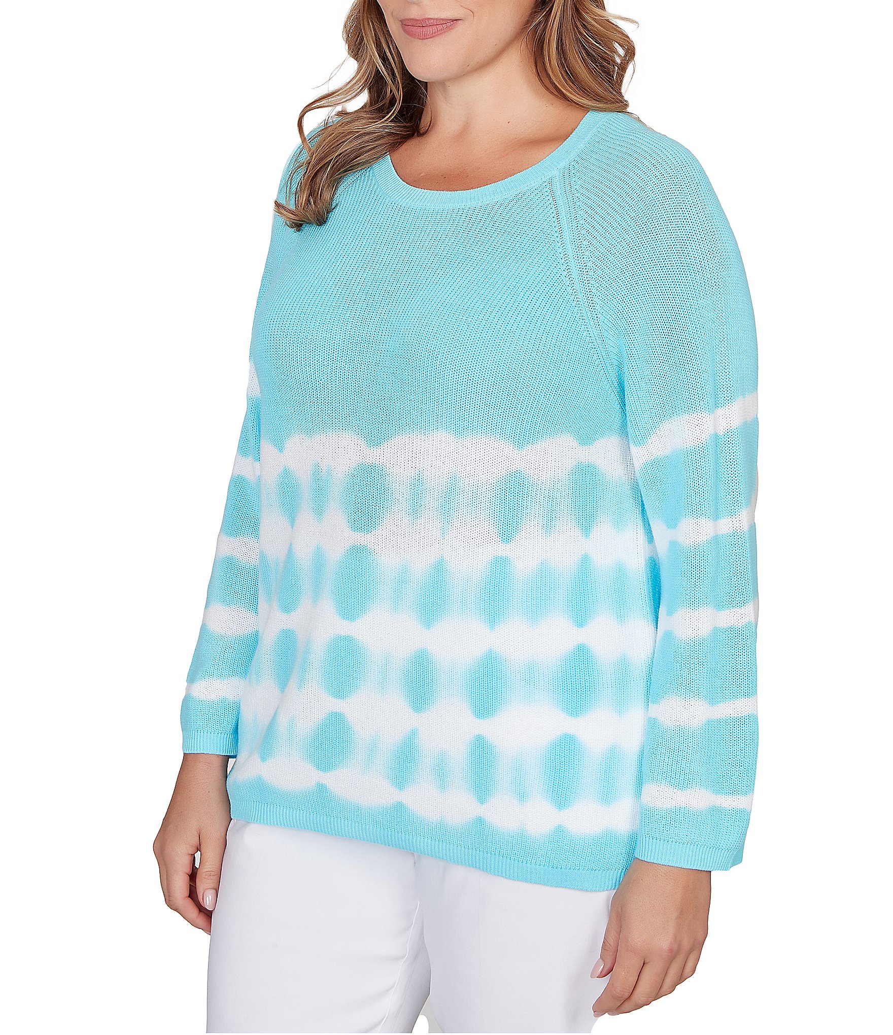 Ruby Rd. Plus Size Tie-Dye Crew Neck Bracelet Sleeve Cotton Rib Sweater Knit Top