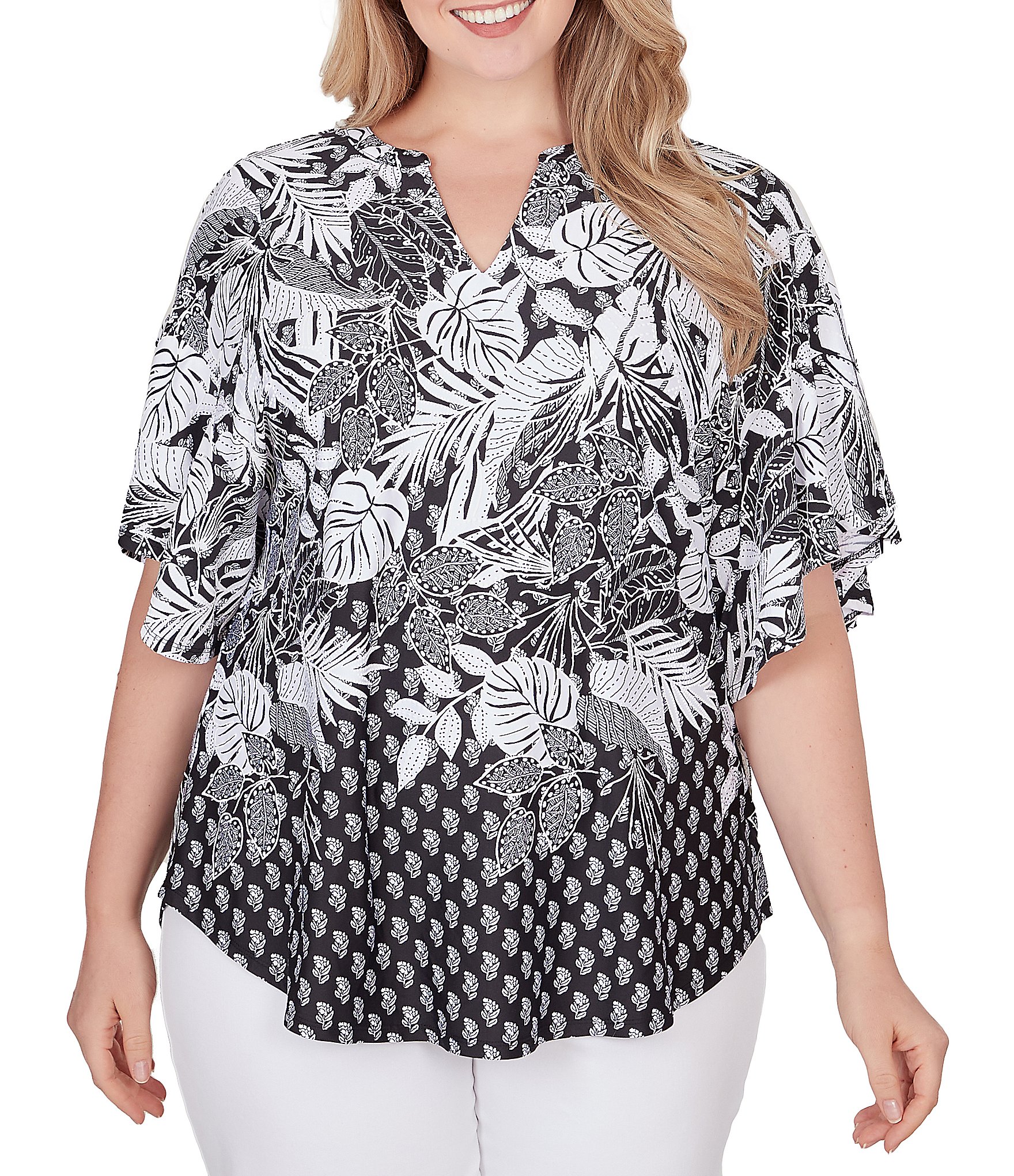 Ruby Rd. Plus Size Tropical Floral Border Print Split V-Neck Short