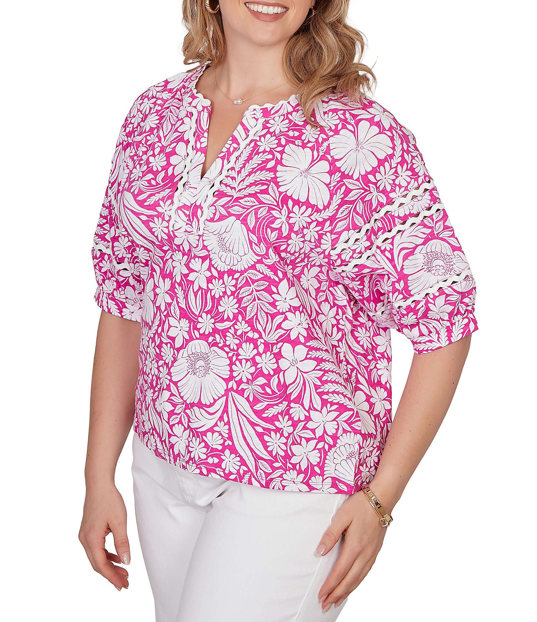 Ruby Rd. Plus Size Tropical Floral Split V-Neck Elbow Sleeve Top