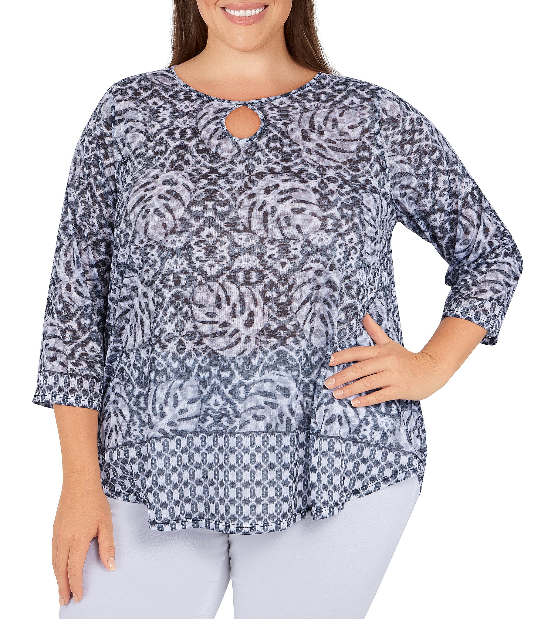 Ruby Rd. Plus Size Tropical Print Knit Keyhole Crew Neck 3/4 Sleeve Top ...