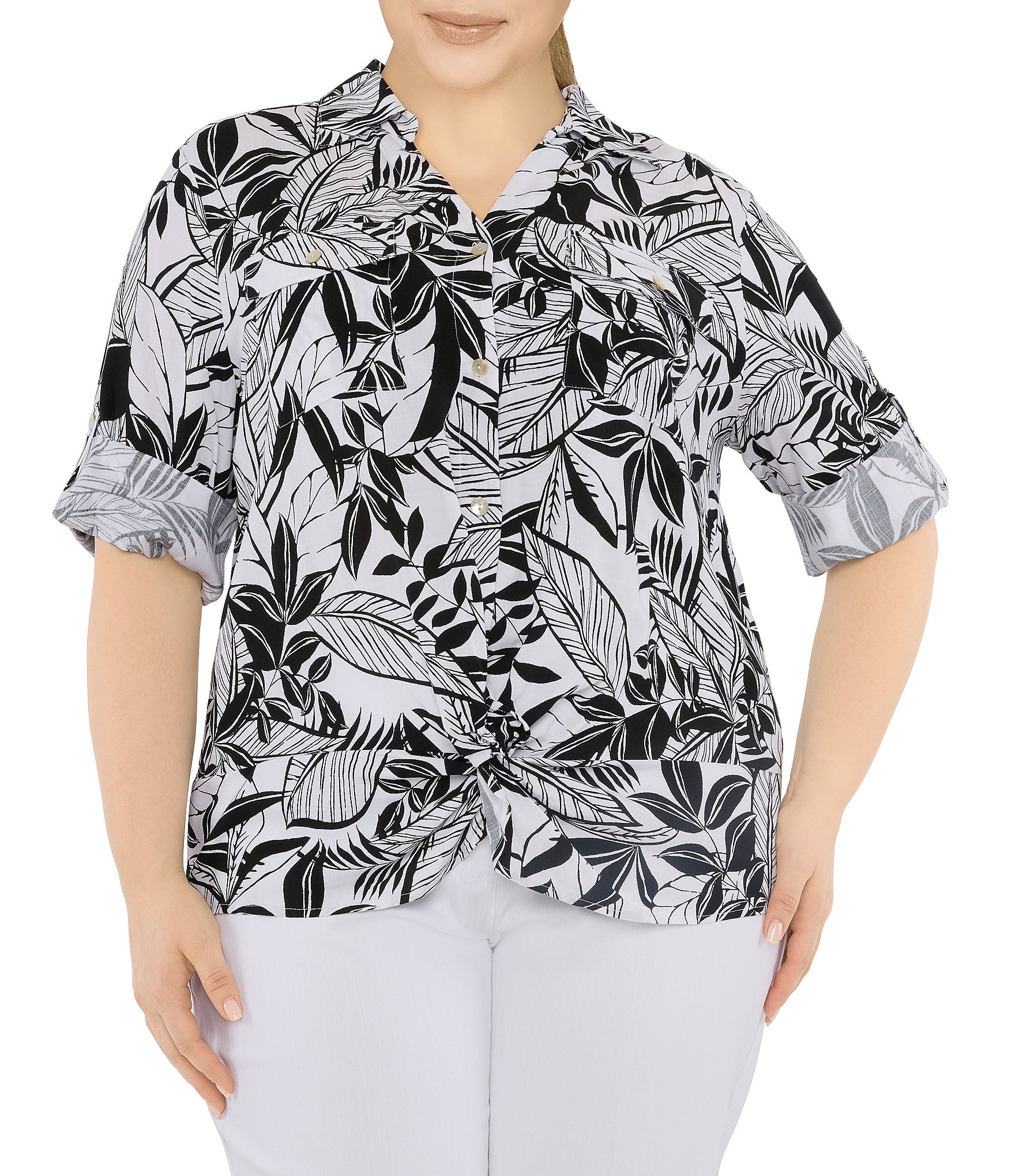 Ruby Rd. Plus Size Tropical Print Point Collar 3/4 Roll-Tab Sleeve Twisted  Button Front Top