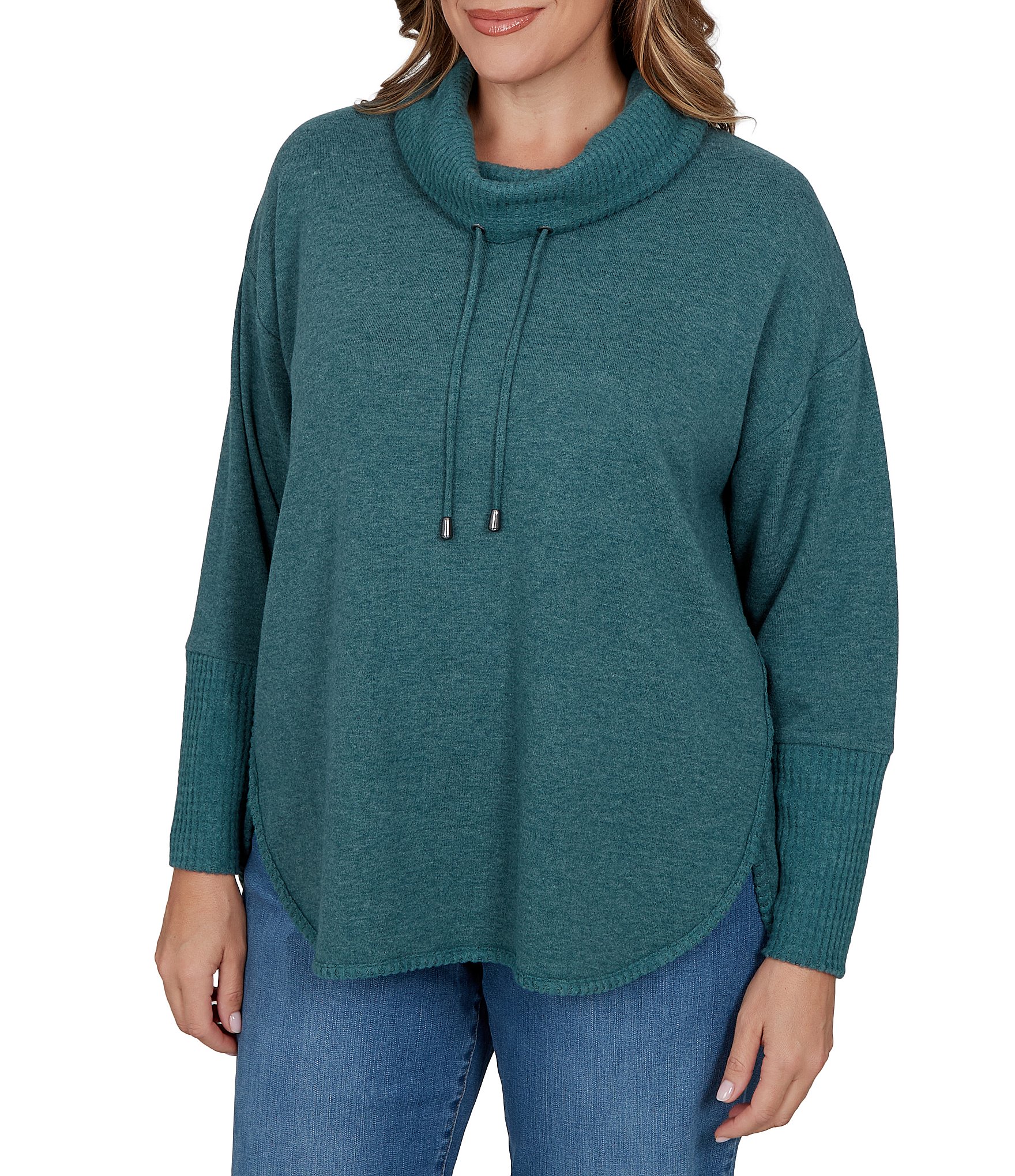 Ruby Rd. Plus Size Waffle Knit Drawstring Draped Cowl Neck Long Sleeve Top