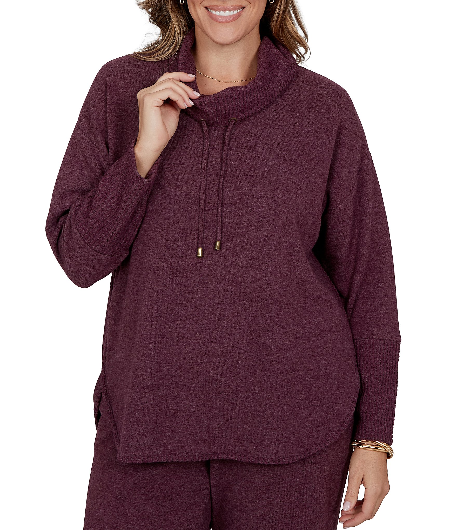 Ruby Rd. Plus Size Waffle Knit Drawstring Draped Cowl Neck Long Sleeve Top