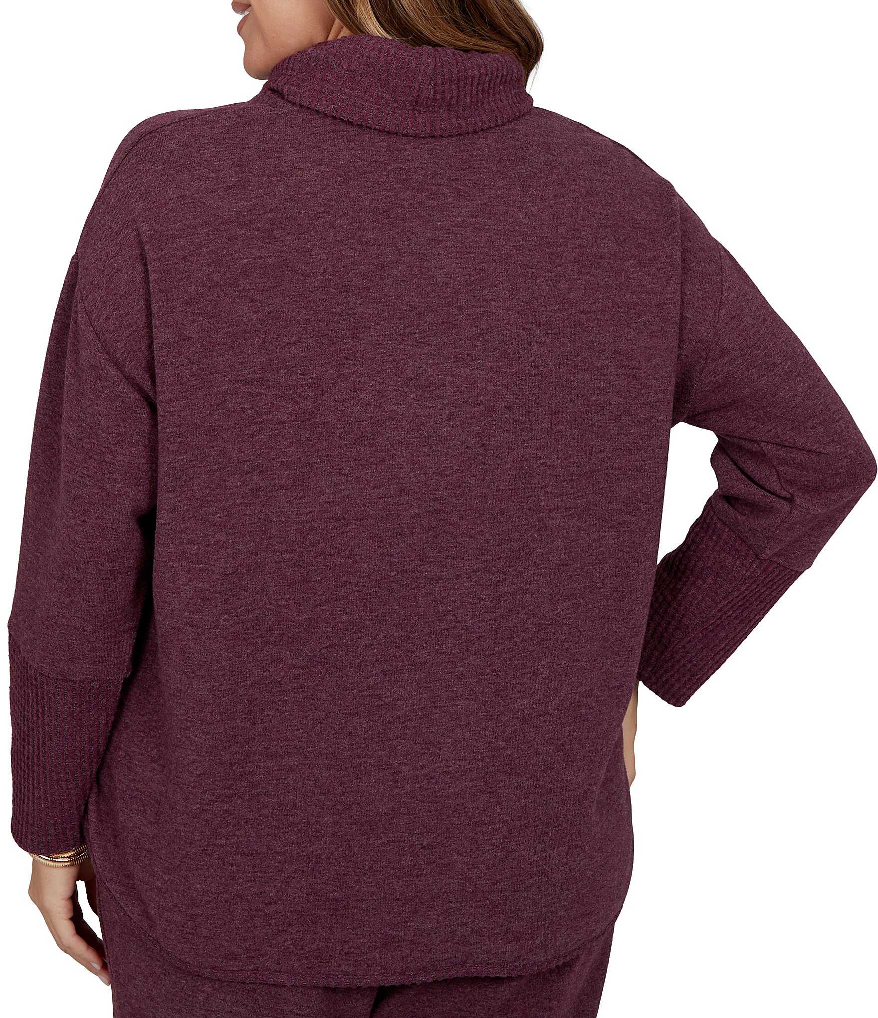 Ruby Rd. Plus Size Waffle Knit Drawstring Draped Cowl Neck Long Sleeve Top