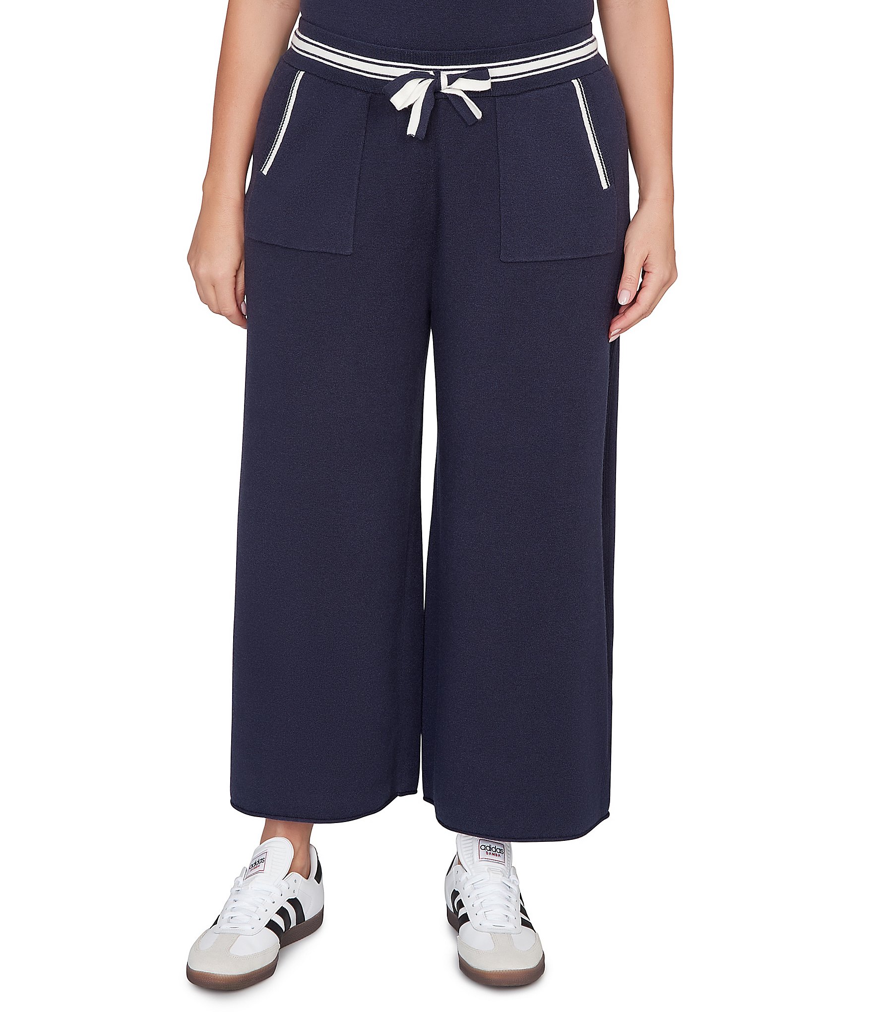 Ruby Rd. Plus Size Wide Leg Contrast Striped Trim Pull-On Sweater Pants