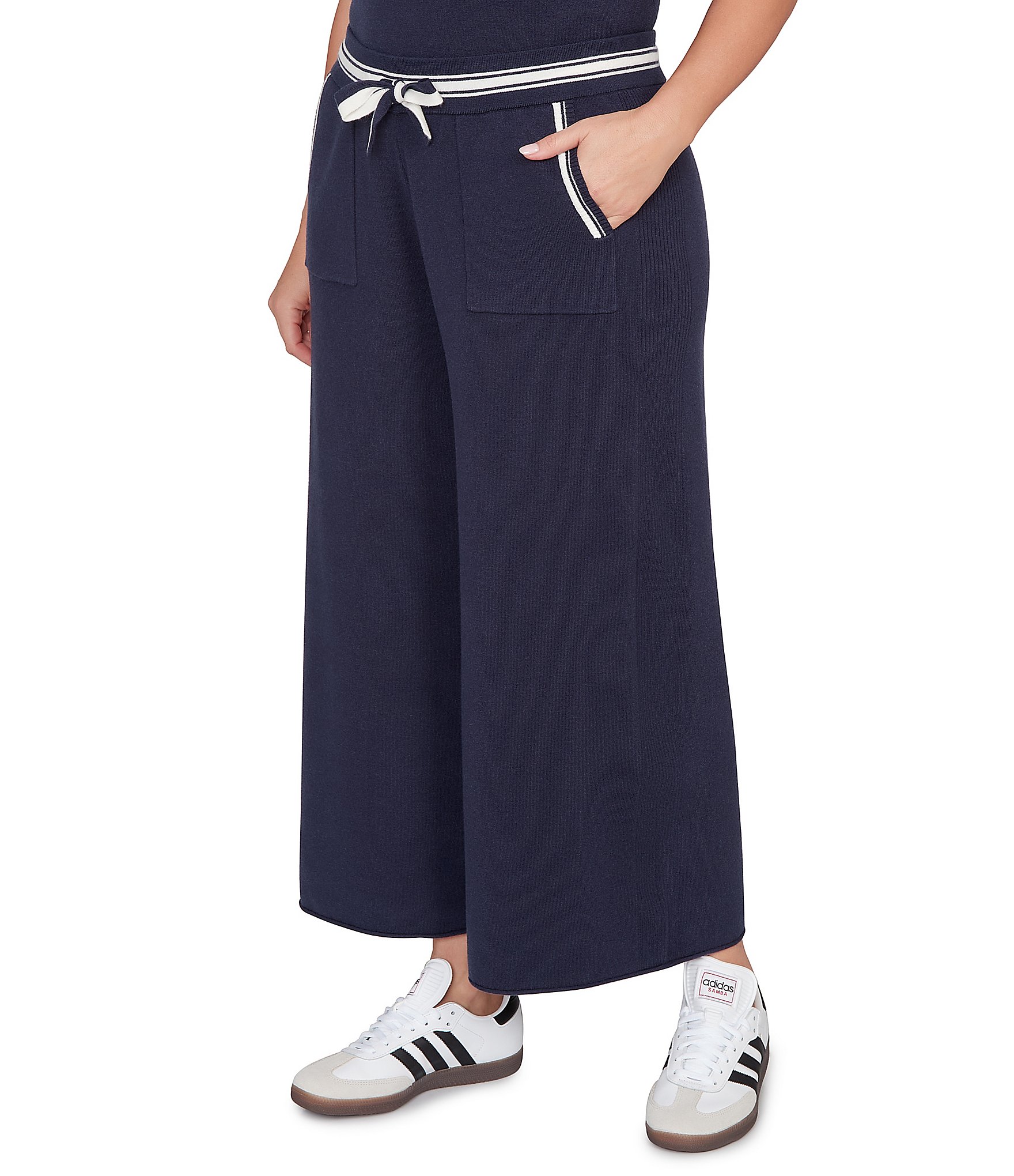 Ruby Rd. Plus Size Wide Leg Contrast Striped Trim Pull-On Sweater Pants