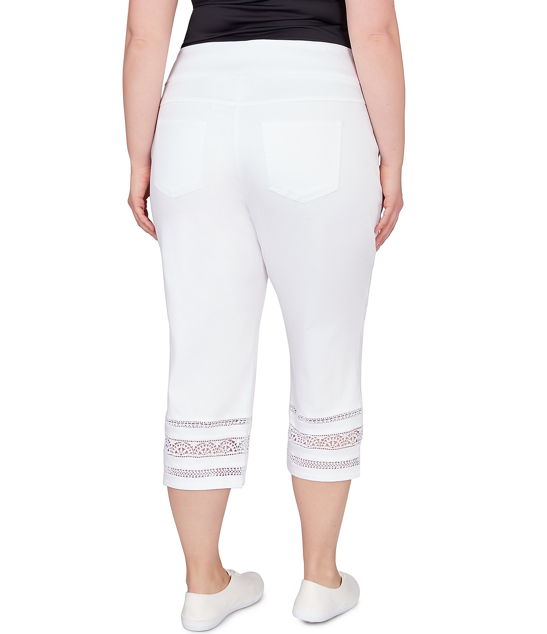 Ruby Rd. Plus Size Wide Waistband Lace Inset Hem Pull-On Capri Jeans