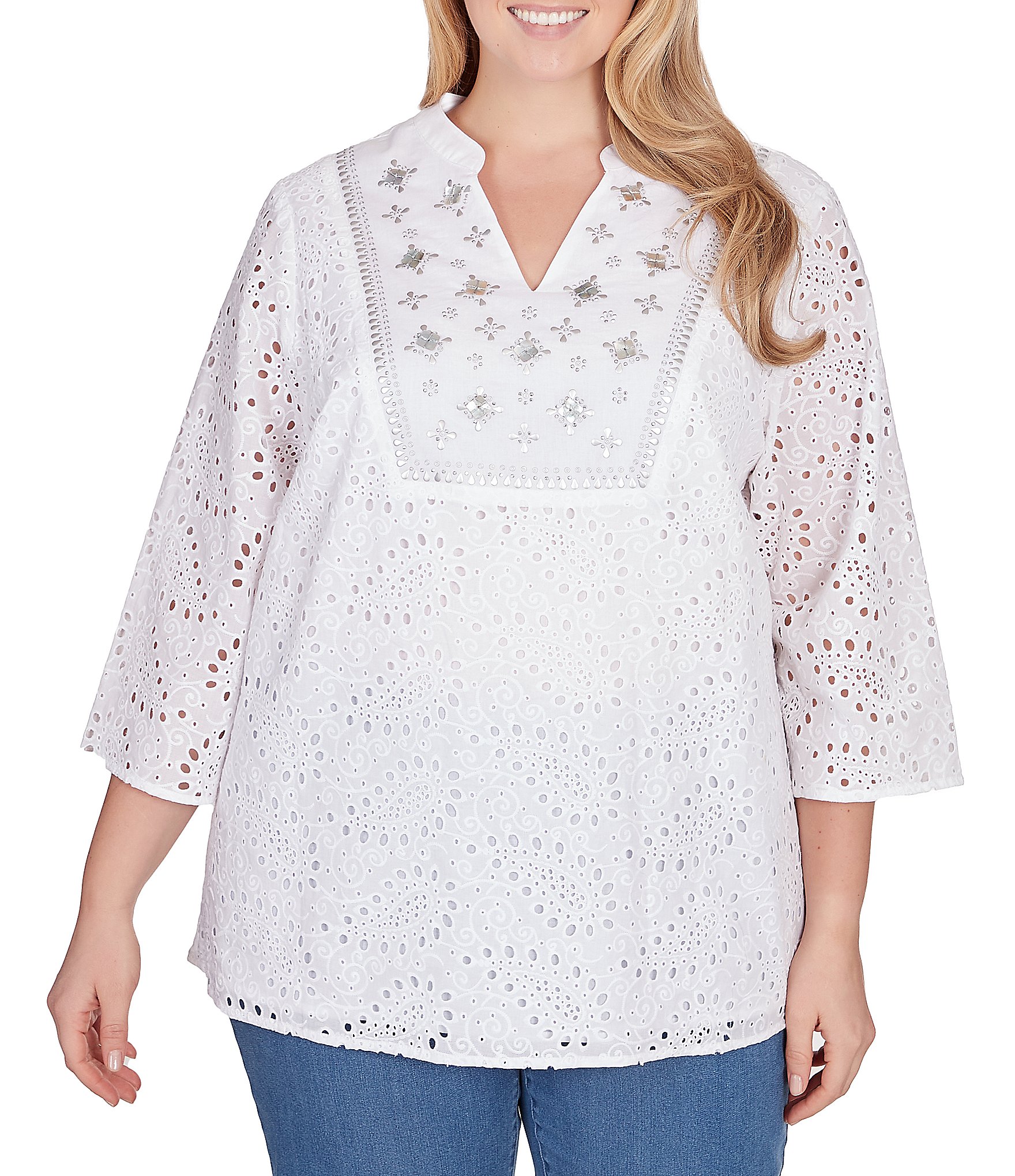 Ruby Rd. Plus Size Woven Embellished Split V-Neck 3/4 Sleeve Paisley ...