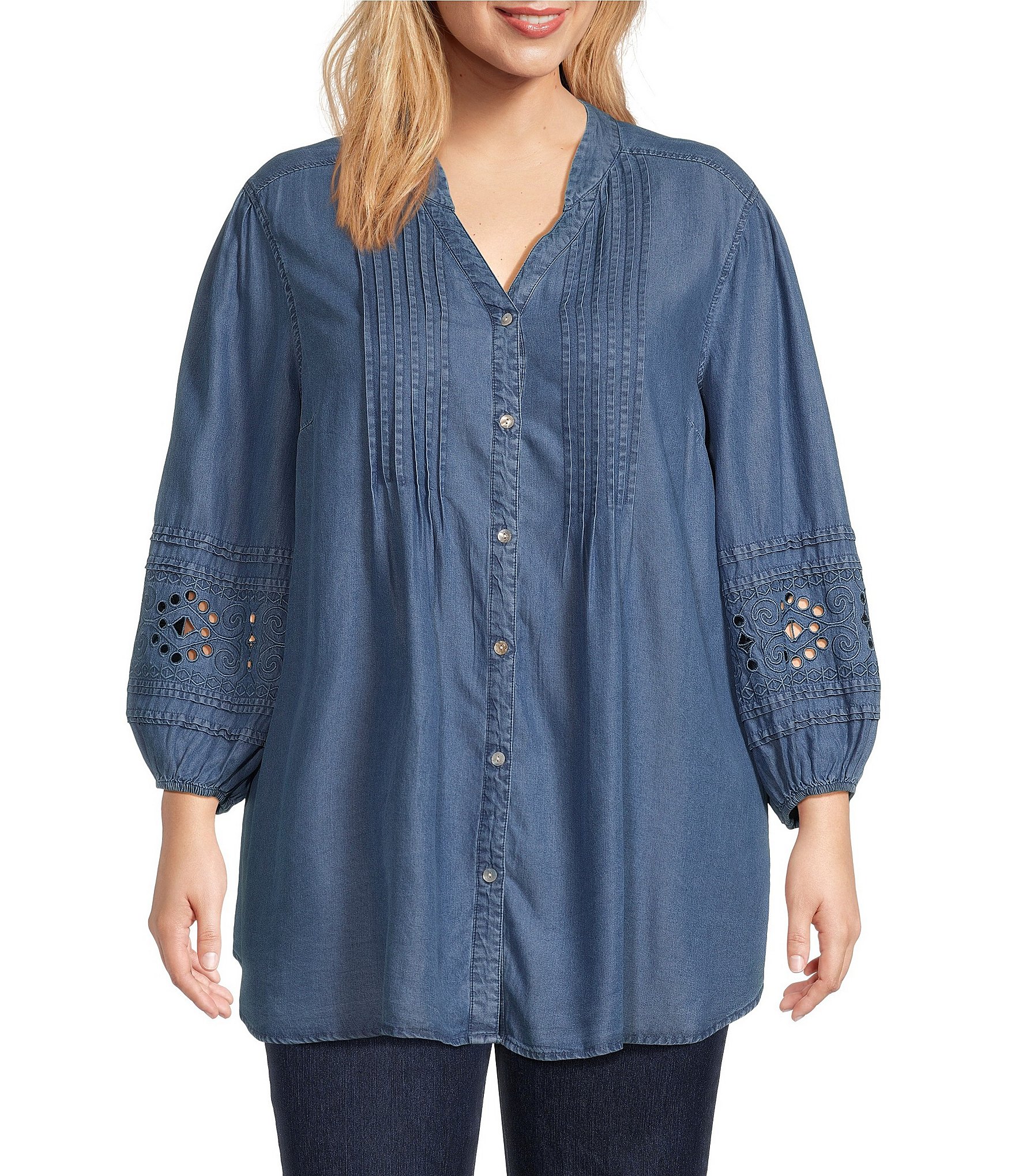 Ruby Rd. Plus Size Woven Embroidered Pintuck Mandarin Neck 3/4 Sleeve ...