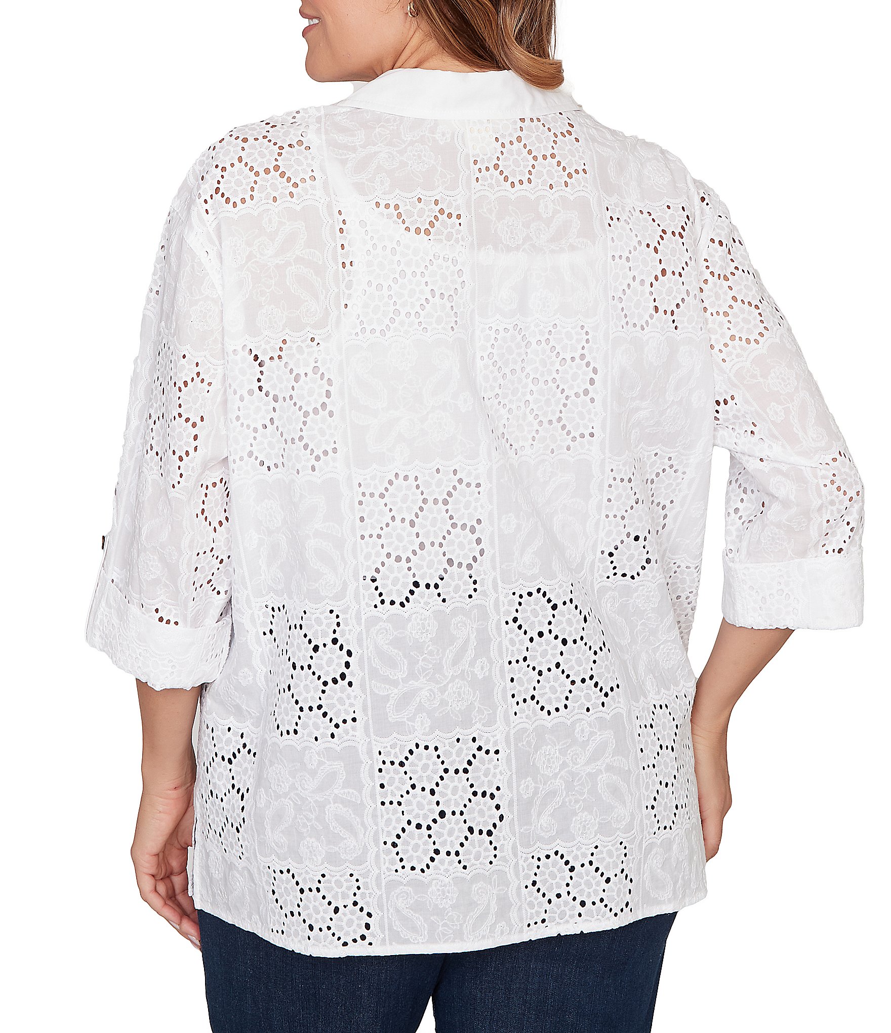 Ruby Rd. Plus Size Woven Eyelet Embroidery Collared V-Neck 3/4 Roll-tab Sleeve Button-Front Shirt