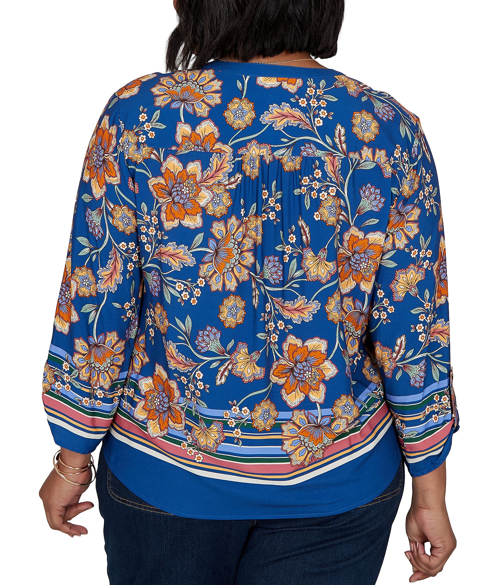 Ruby Rd. Plus Size Woven Floral Vines V-Neck 3/4 Sleeve Top