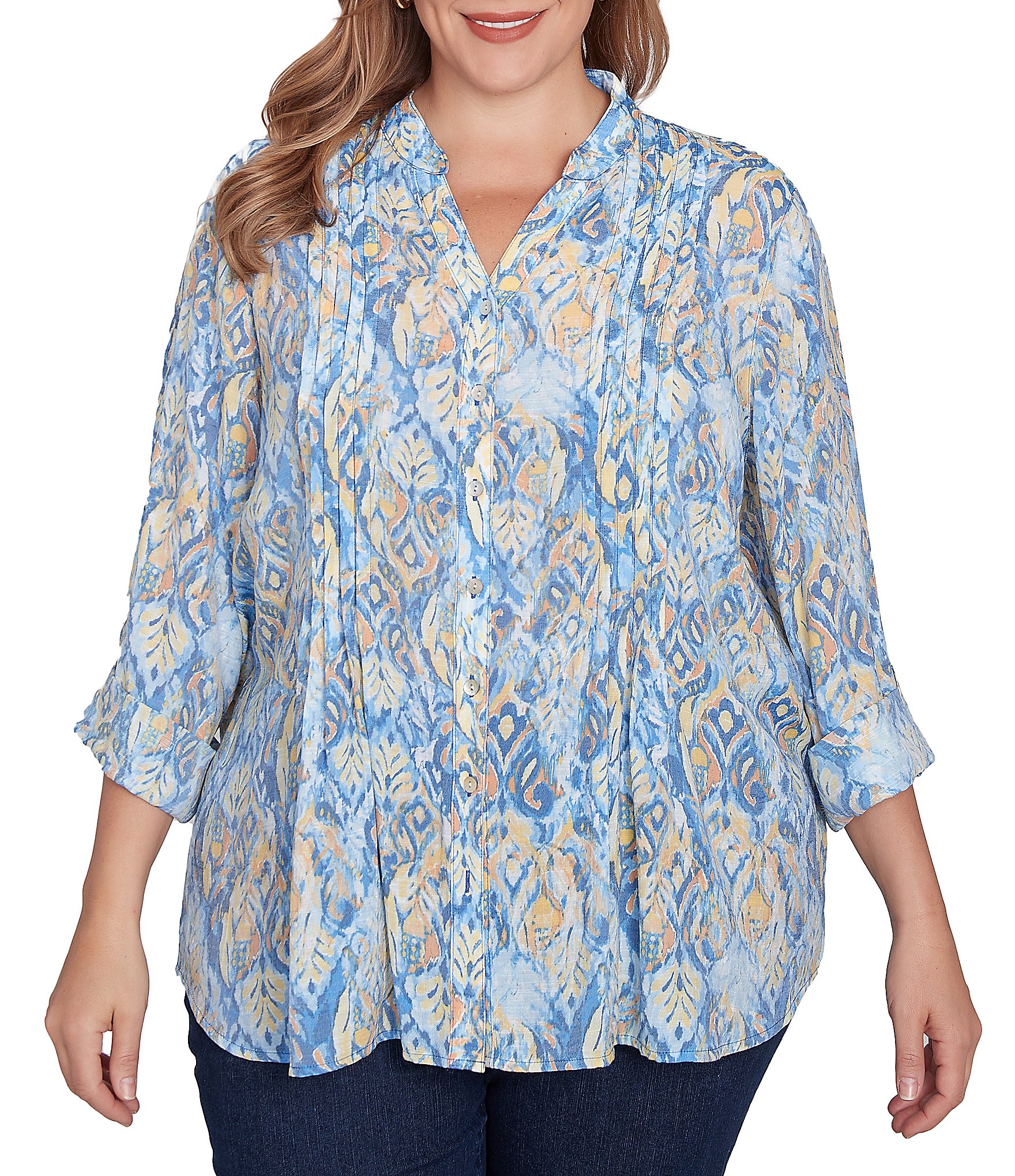 Ruby Rd. Plus Size Woven Printed Band V-Neck 3/4 Roll-Tab Sleeve Pleated Top