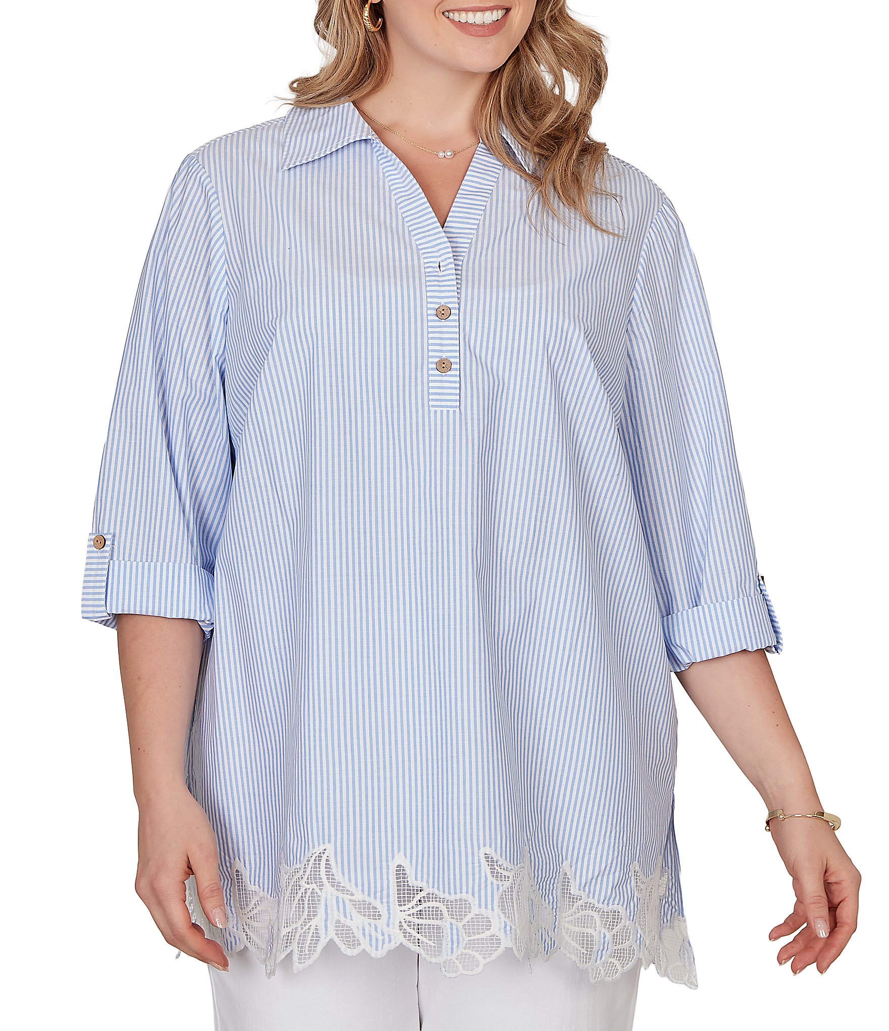 Ruby Rd. Plus Size Woven Yarn-Dyed Stripe Johnny Collar 3/4 Roll-Tab Sleeve Embroidered Hem Blouse
