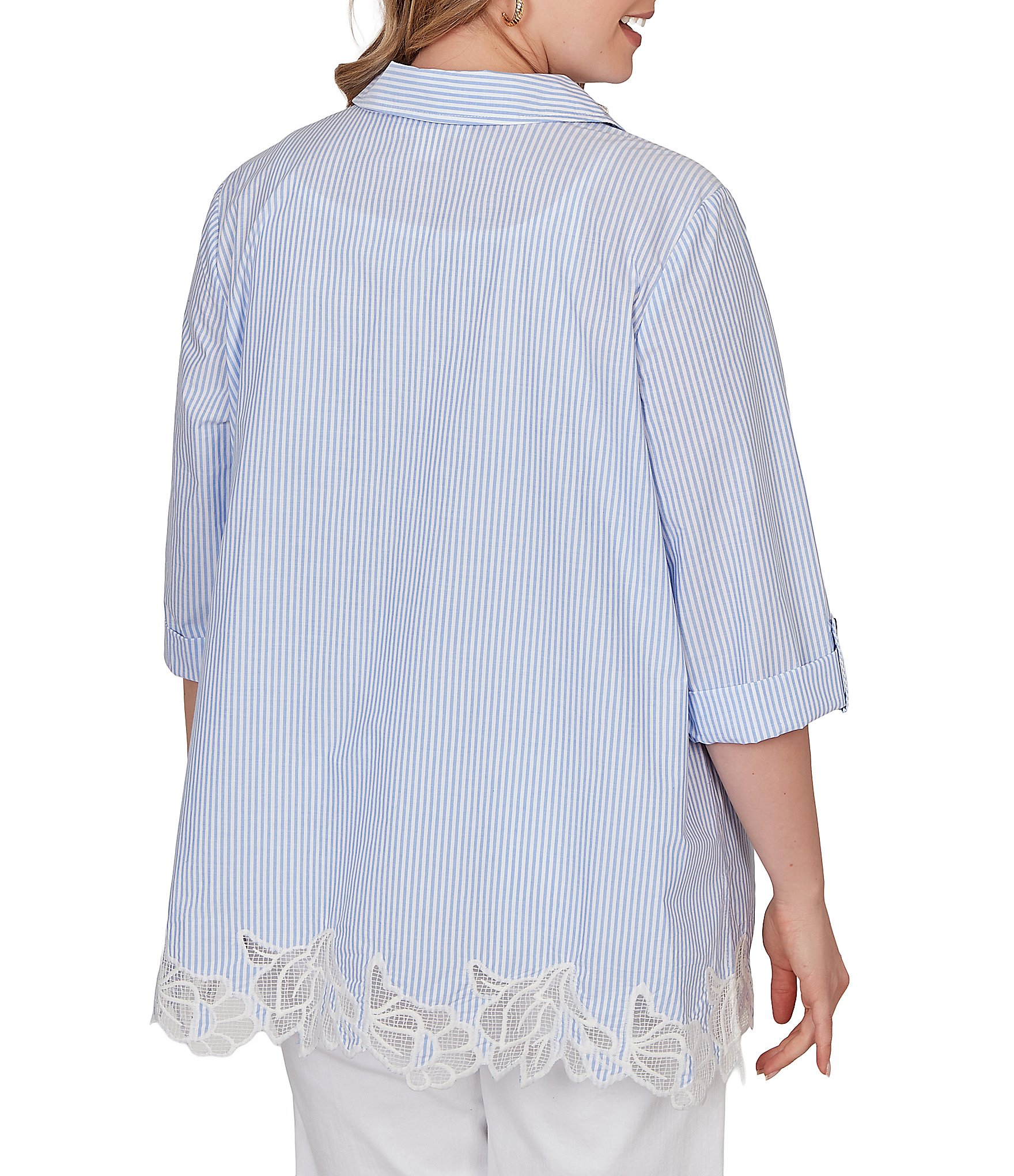 Ruby Rd. Plus Size Woven Yarn-Dyed Stripe Johnny Collar 3/4 Roll-Tab Sleeve Embroidered Hem Blouse