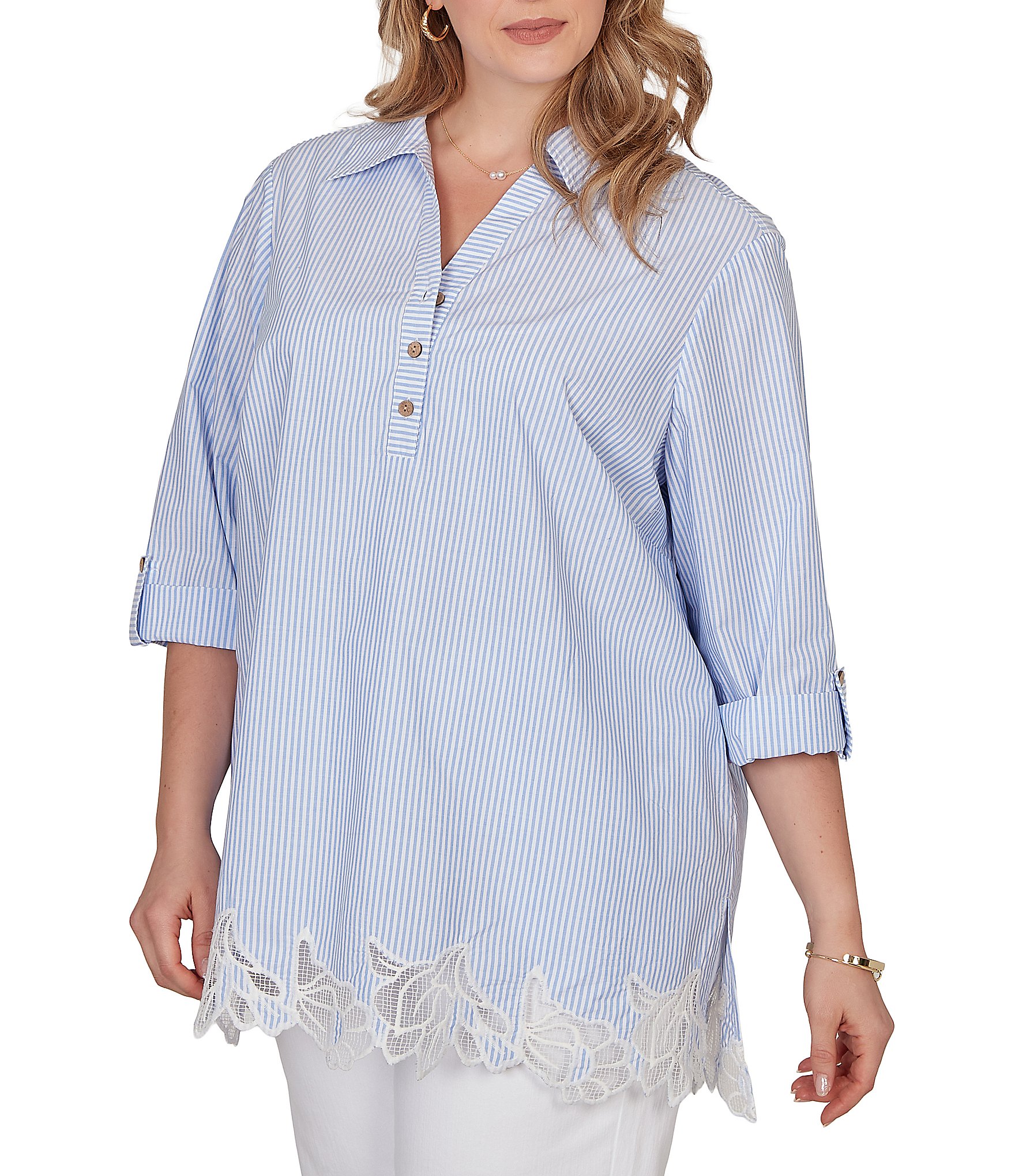 Ruby Rd. Plus Size Woven Yarn-Dyed Stripe Johnny Collar 3/4 Roll-Tab Sleeve Embroidered Hem Blouse