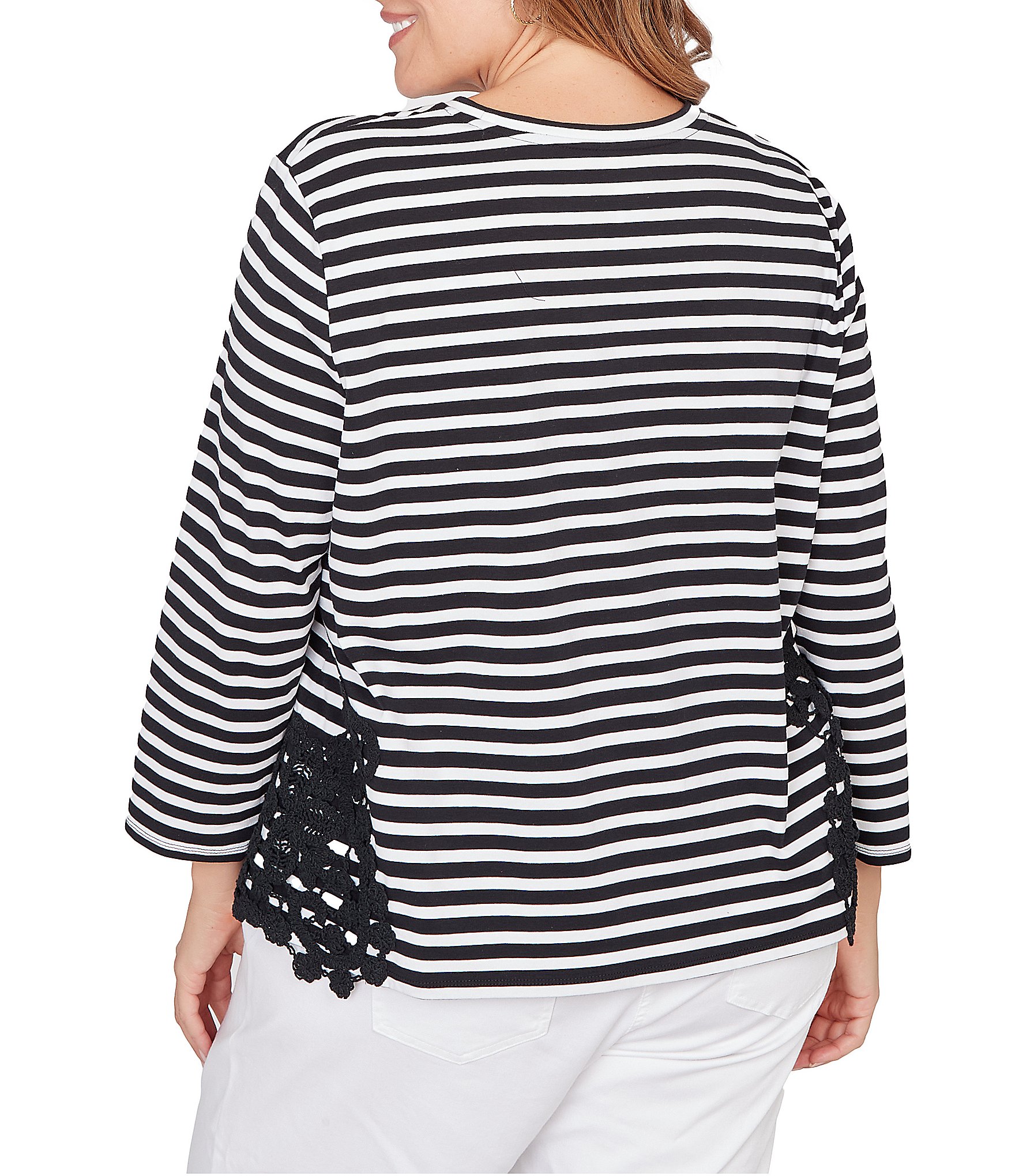 Ruby Rd. Plus Size Yarn-Dyed Cotton Jersey Knit Stripe Lace Applique Top