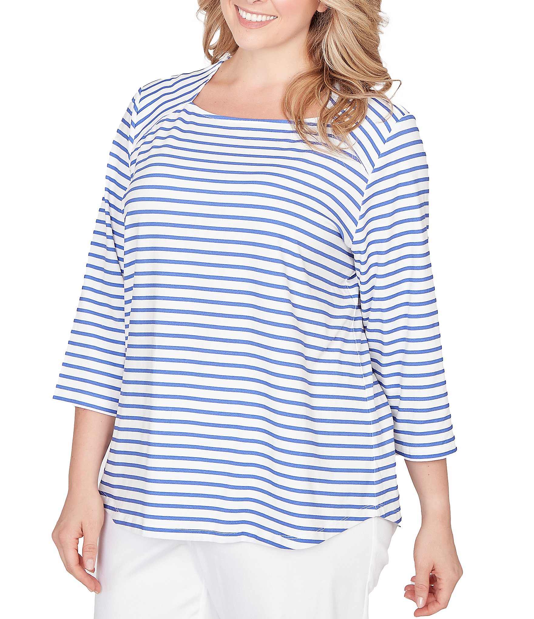 Ruby Rd. Plus Size Yarn-Dyed Cotton Jersey Striped Square Neck 3/4 Sleeve Tee Top